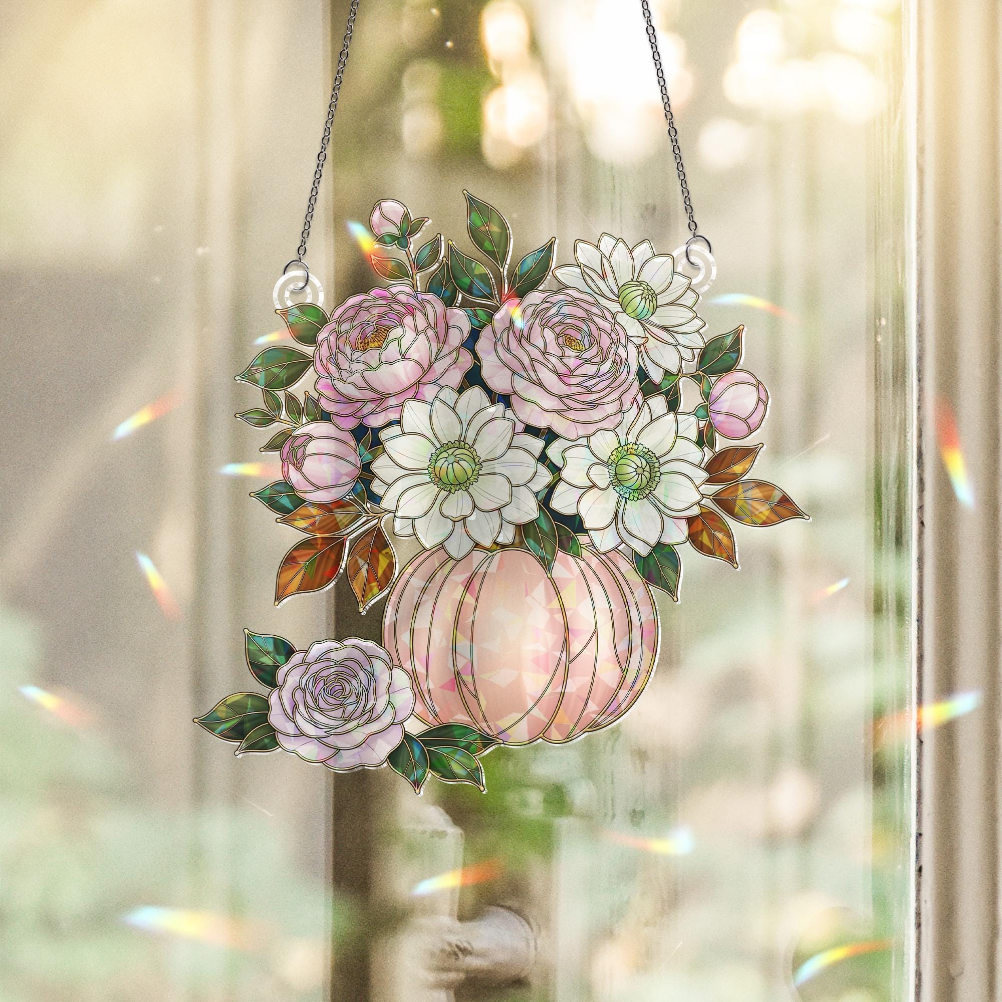 Floral Pumpkin Holographic Window Hanging – Elegant Fall Sun Catcher, Autumn Rose & Dahlia Pumpkin Prism Window Decor