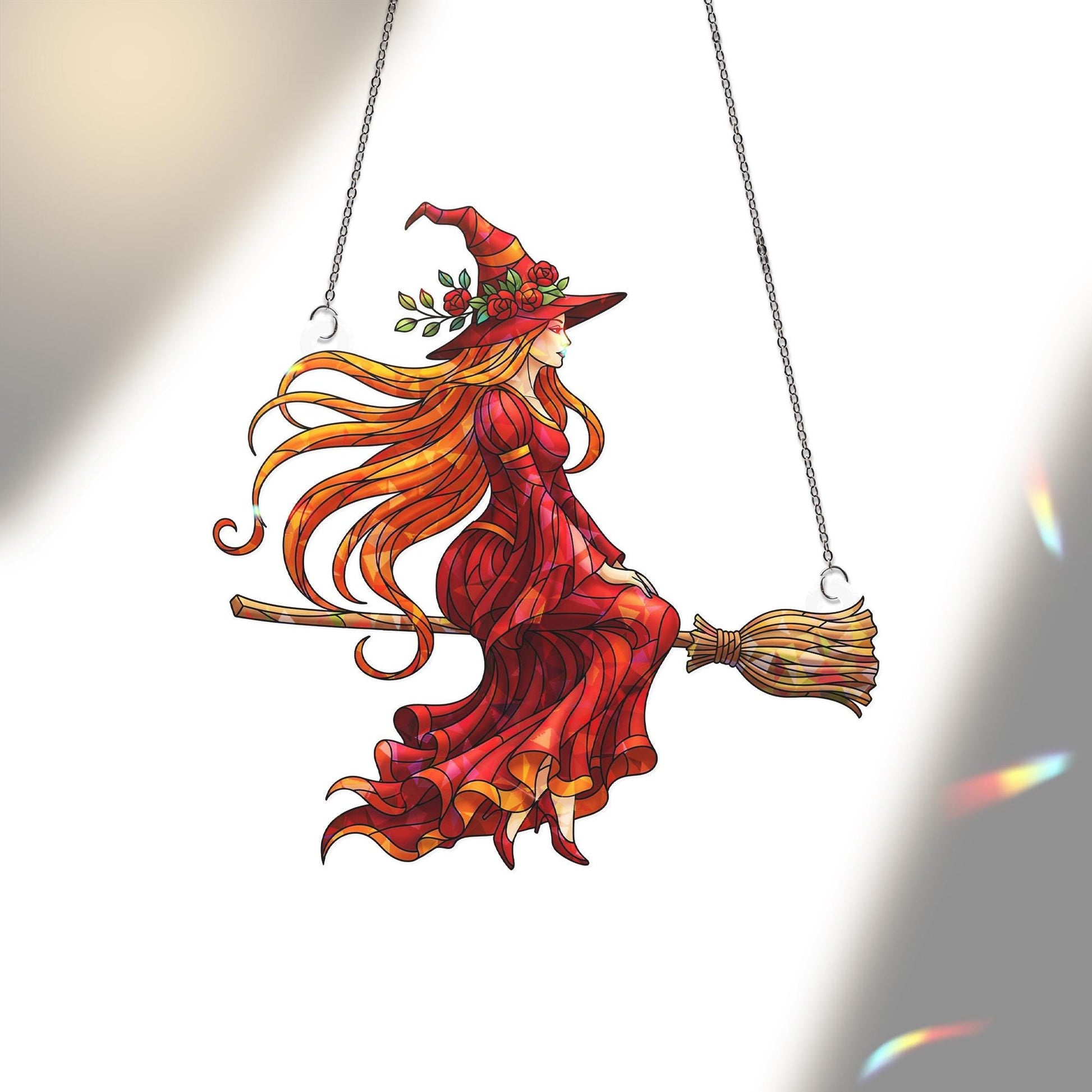 Witch Hologram Suncatcher, Red Witch on Broom Hanging Window Decor, Halloween Witch Ornament, Flying Witch Holographic Art