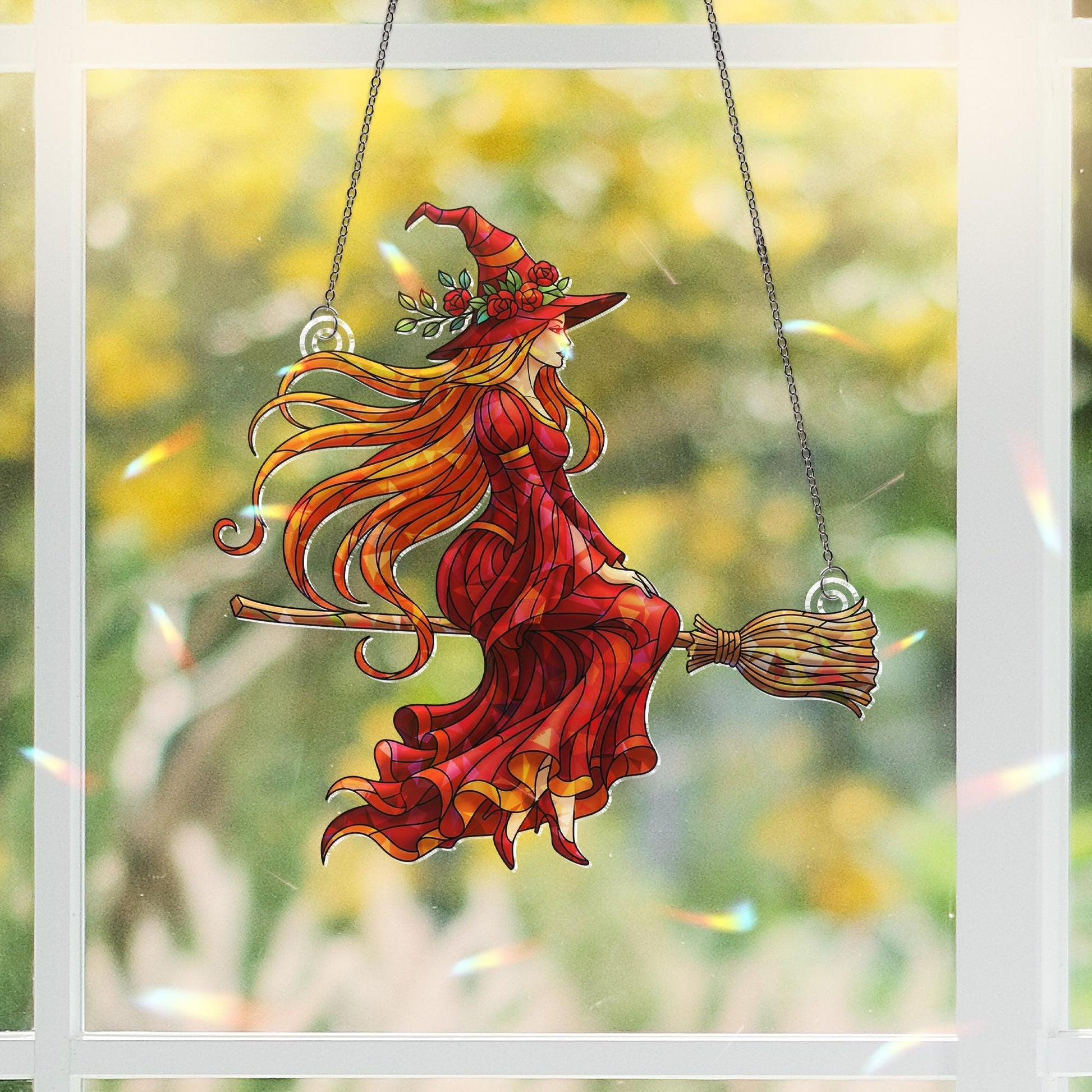 Witch Hologram Suncatcher, Red Witch on Broom Hanging Window Decor, Halloween Witch Ornament, Flying Witch Holographic Art