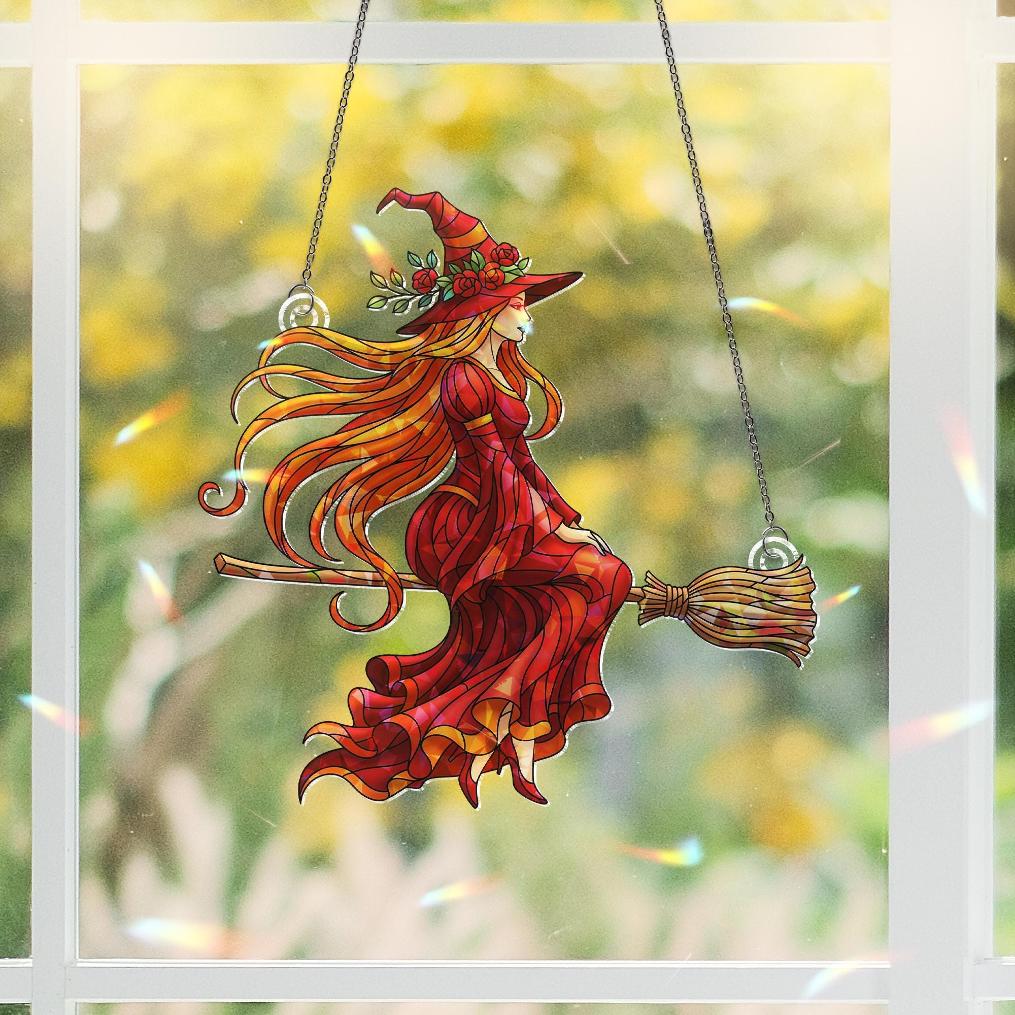 Witch Hologram Suncatcher, Red Witch on Broom Hanging Window Decor, Halloween Witch Ornament, Flying Witch Holographic Art