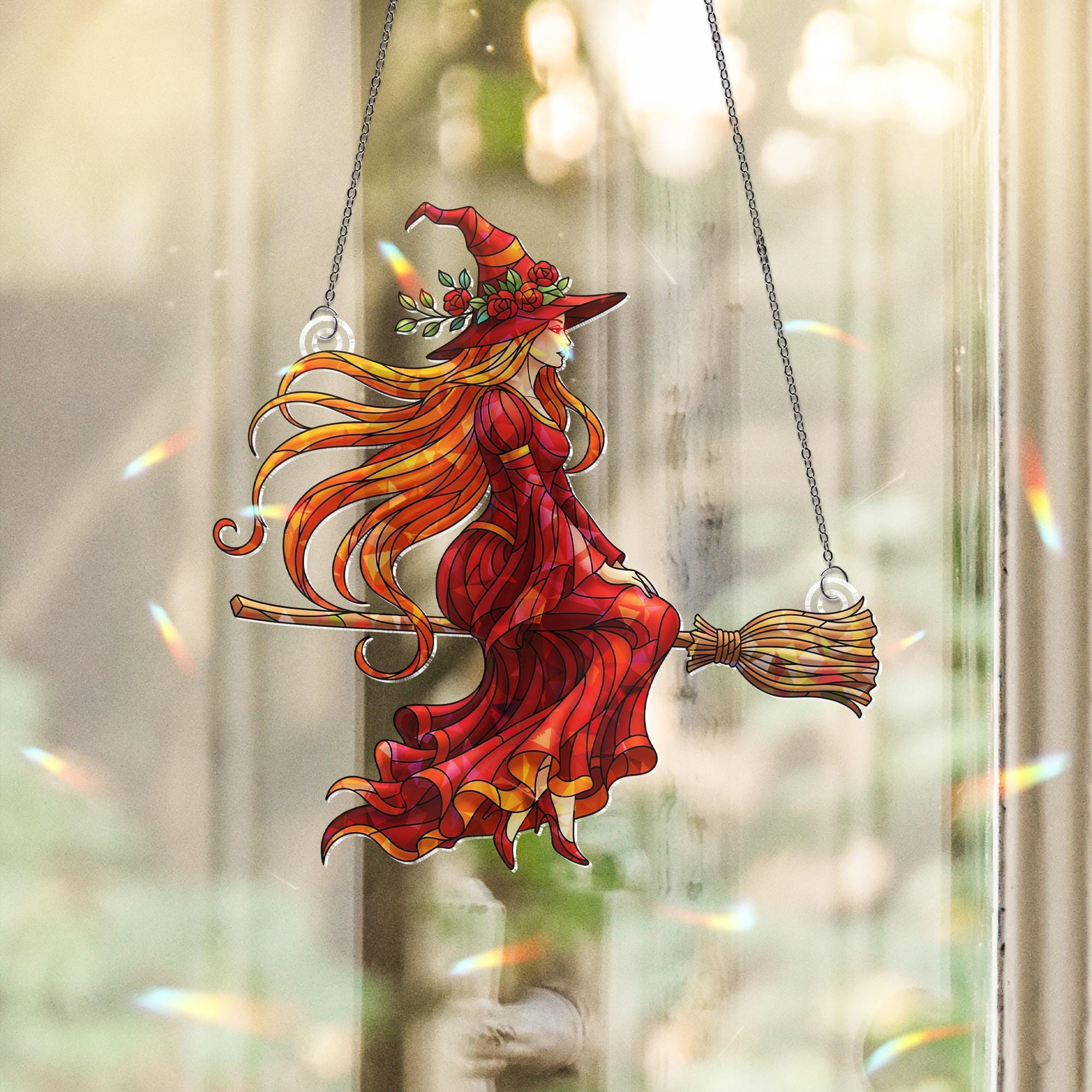 Witch Hologram Suncatcher, Red Witch on Broom Hanging Window Decor, Halloween Witch Ornament, Flying Witch Holographic Art
