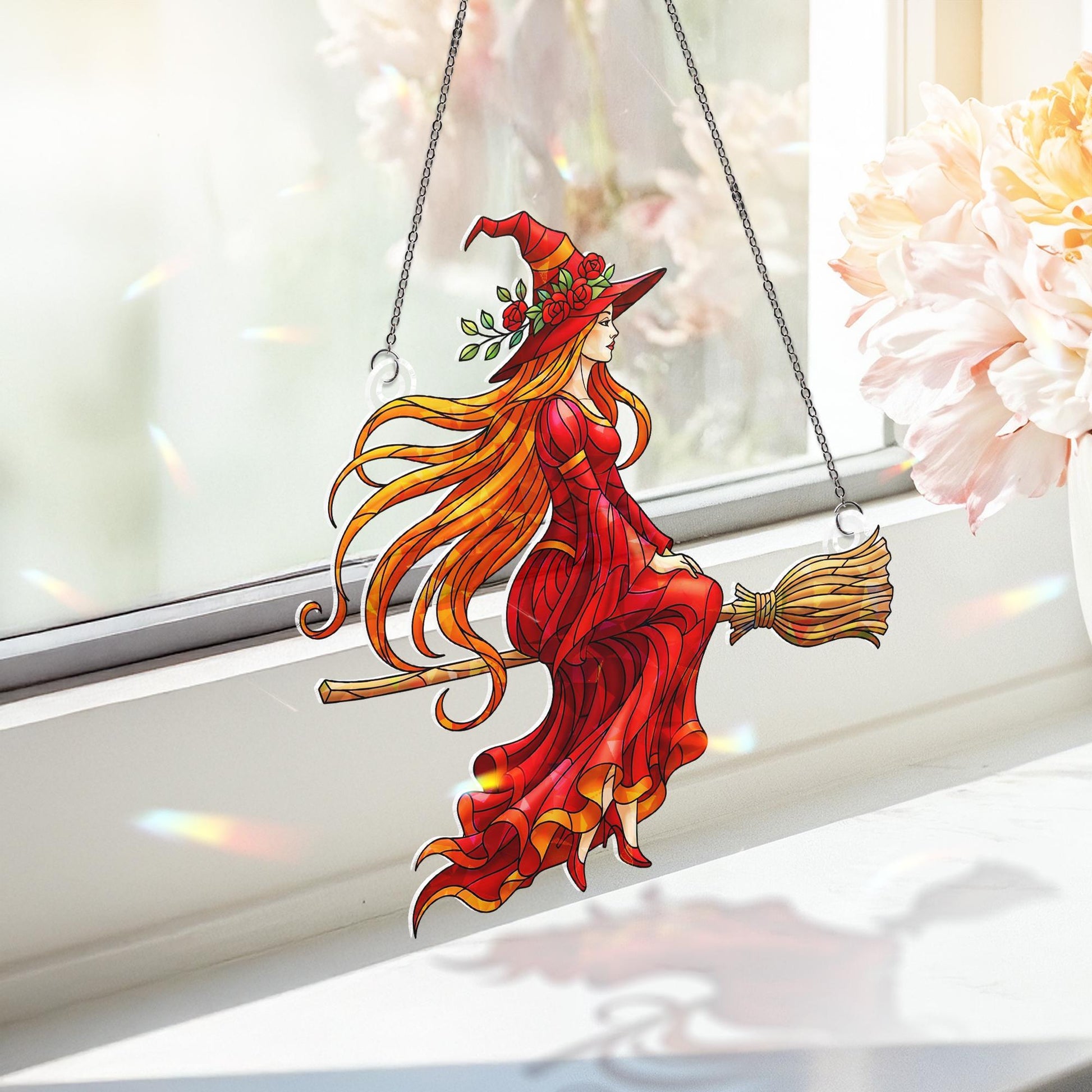 Witch Hologram Suncatcher, Red Witch on Broom Hanging Window Decor, Halloween Witch Ornament, Flying Witch Holographic Art