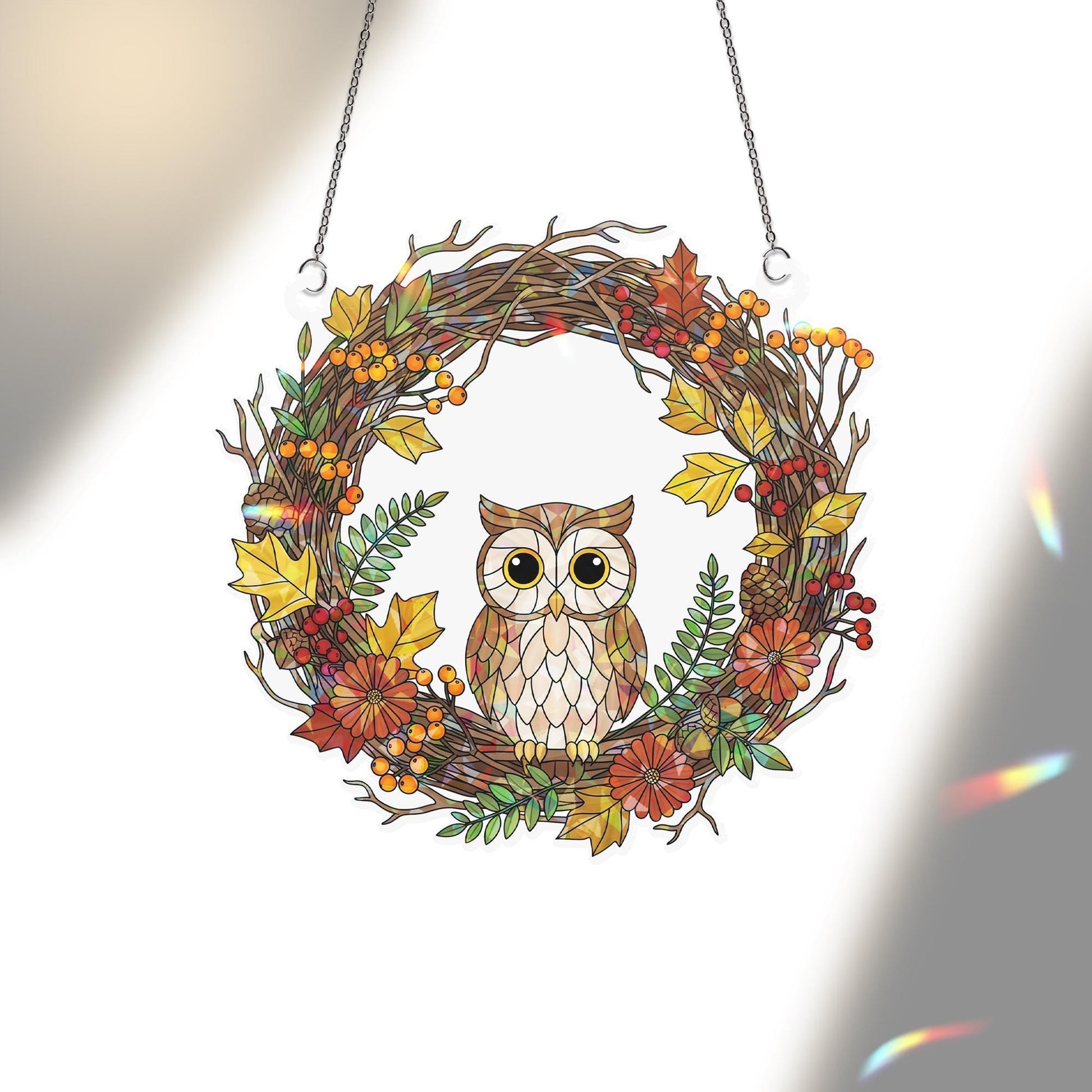 Owl Autumn Wreath Holographic Window Hanging – Fall Leaves & Berry Sun Catcher, Rustic Owl Seasonal Window Decor