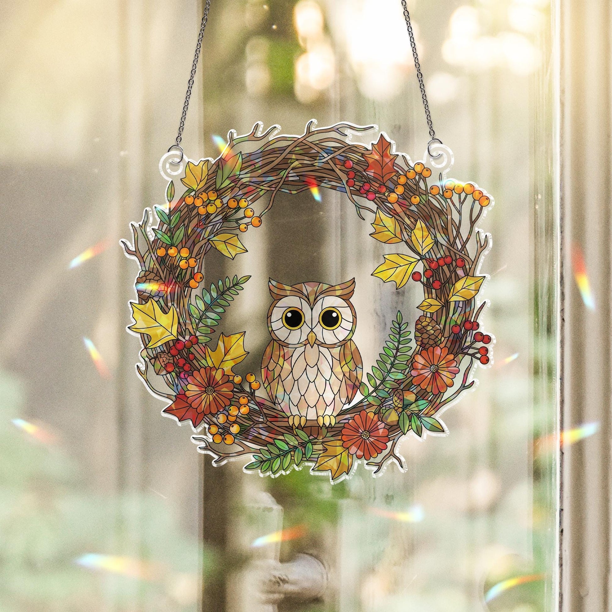 Owl Autumn Wreath Holographic Window Hanging – Fall Leaves & Berry Sun Catcher, Rustic Owl Seasonal Window Decor