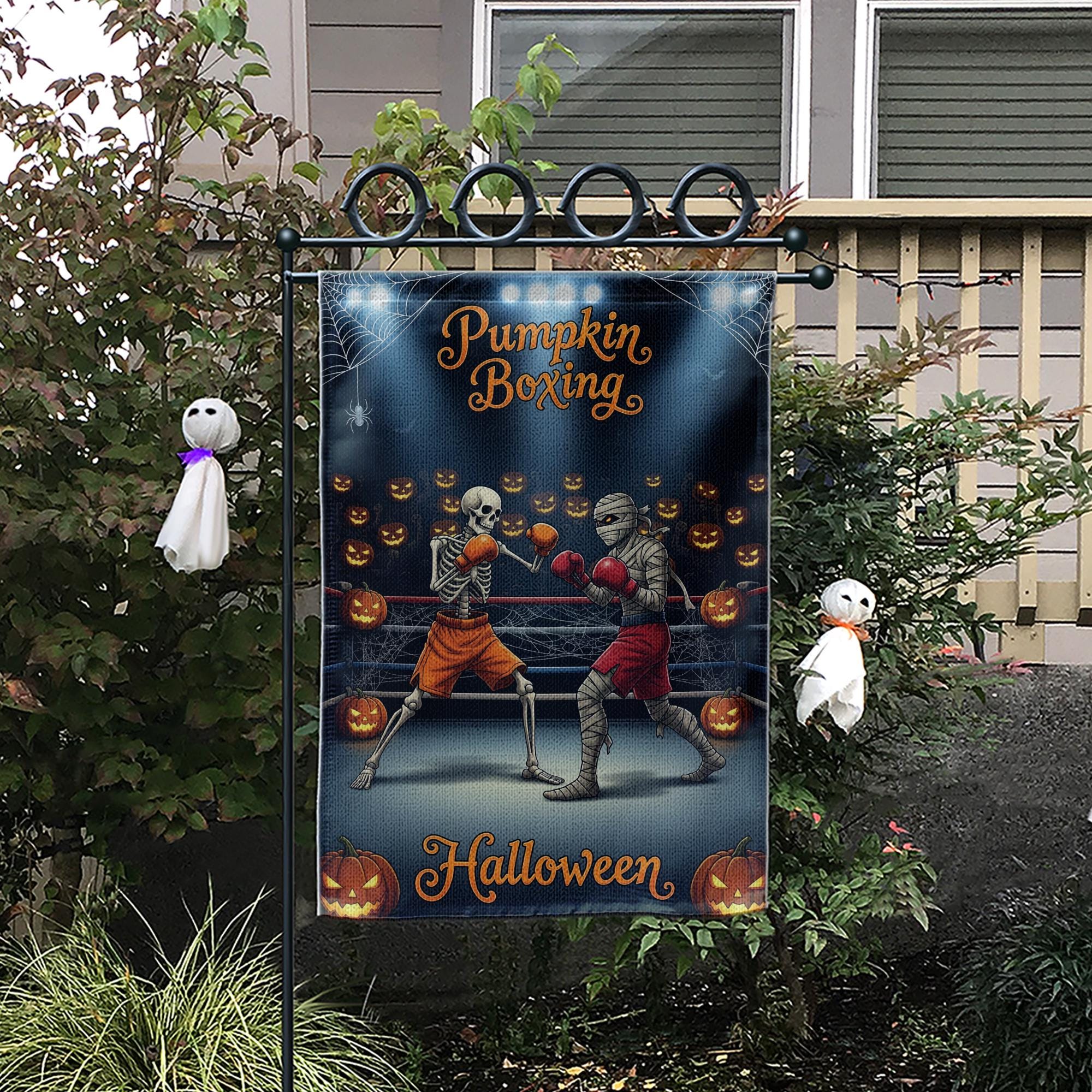 Funny Halloween Garden Flag, Skeleton vs Mummy Boxing Match, Spooky Outdoor Yard Decor, Humorous Porch Sign, Fall Lawn Decoration