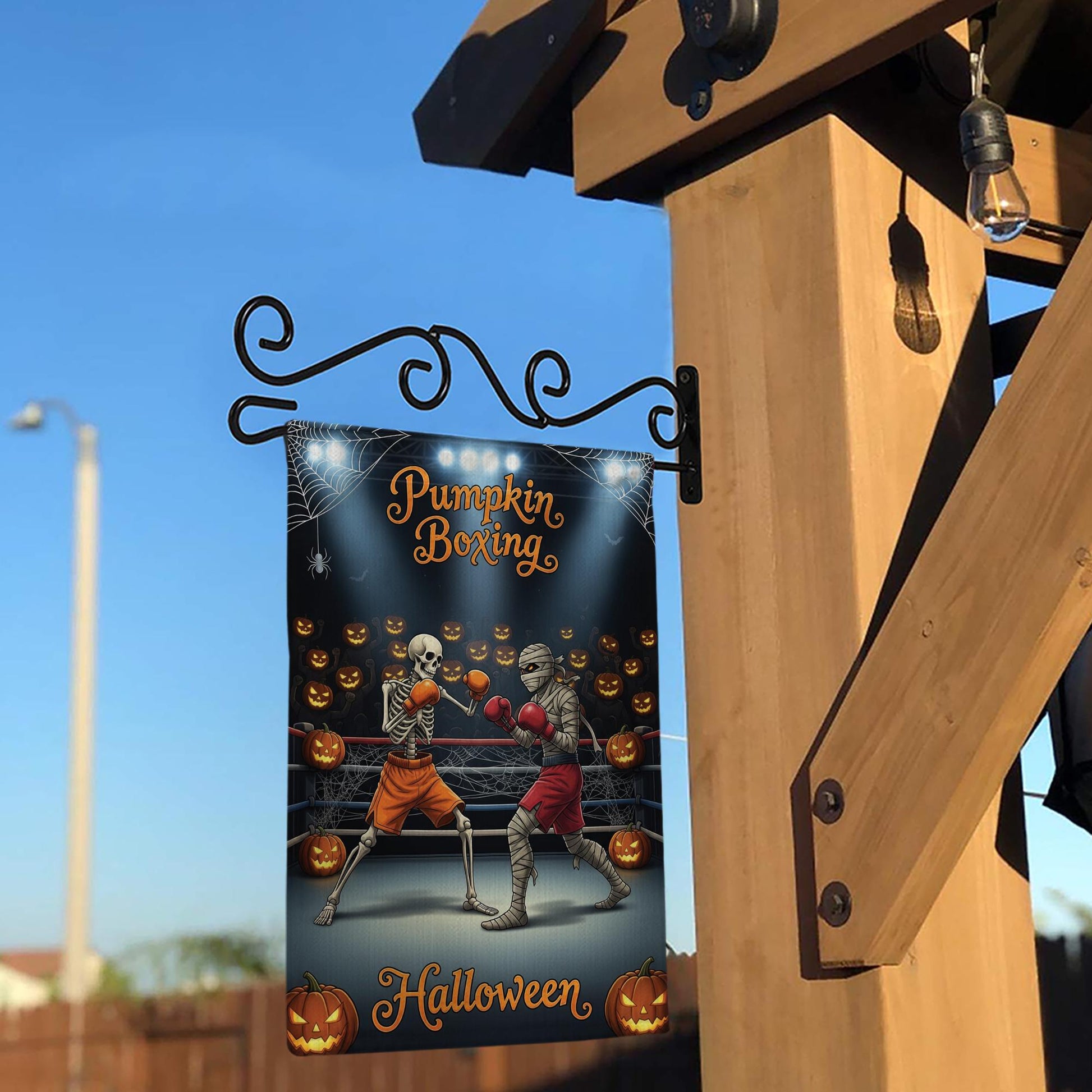Funny Halloween Garden Flag, Skeleton vs Mummy Boxing Match, Spooky Outdoor Yard Decor, Humorous Porch Sign, Fall Lawn Decoration