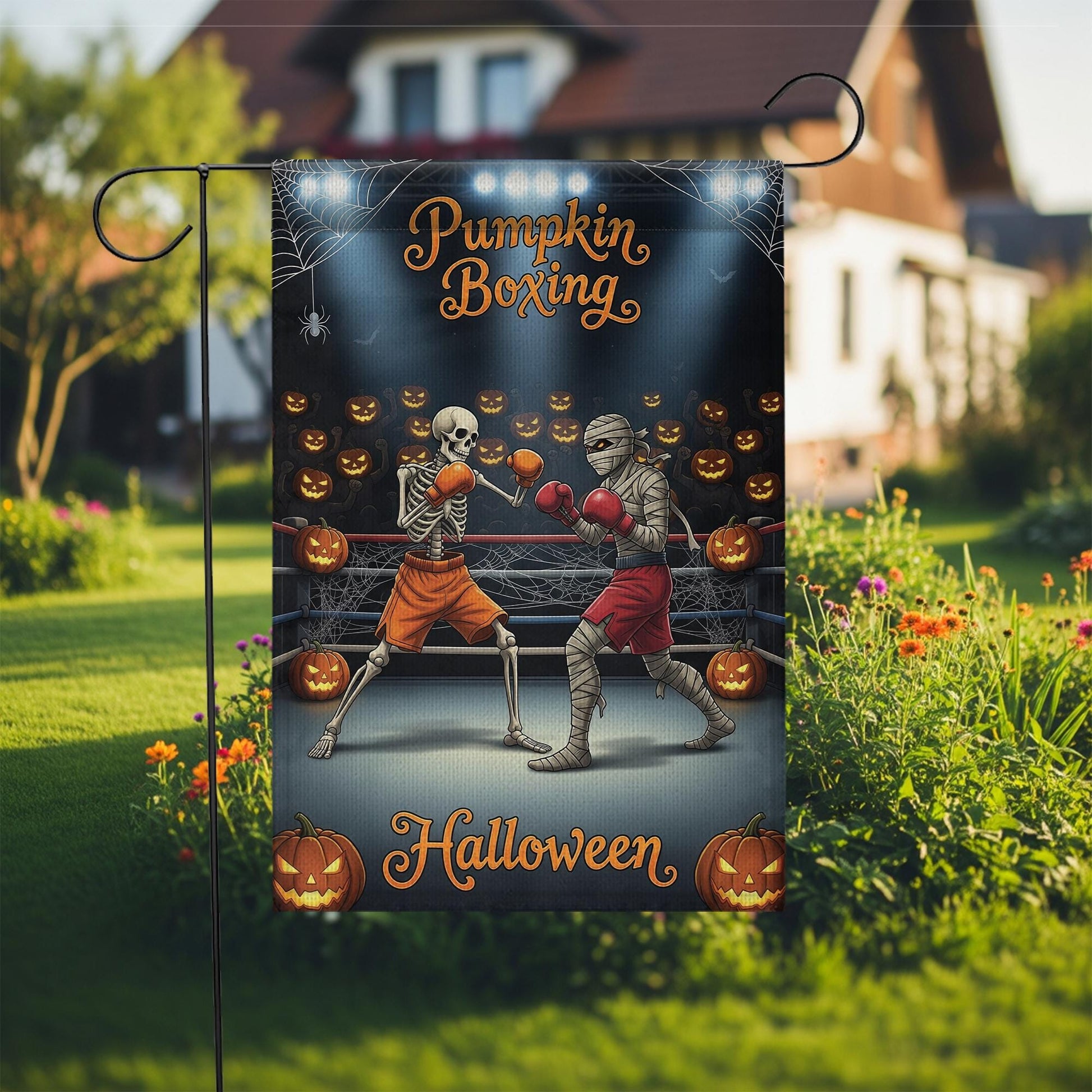 Funny Halloween Garden Flag, Skeleton vs Mummy Boxing Match, Spooky Outdoor Yard Decor, Humorous Porch Sign, Fall Lawn Decoration