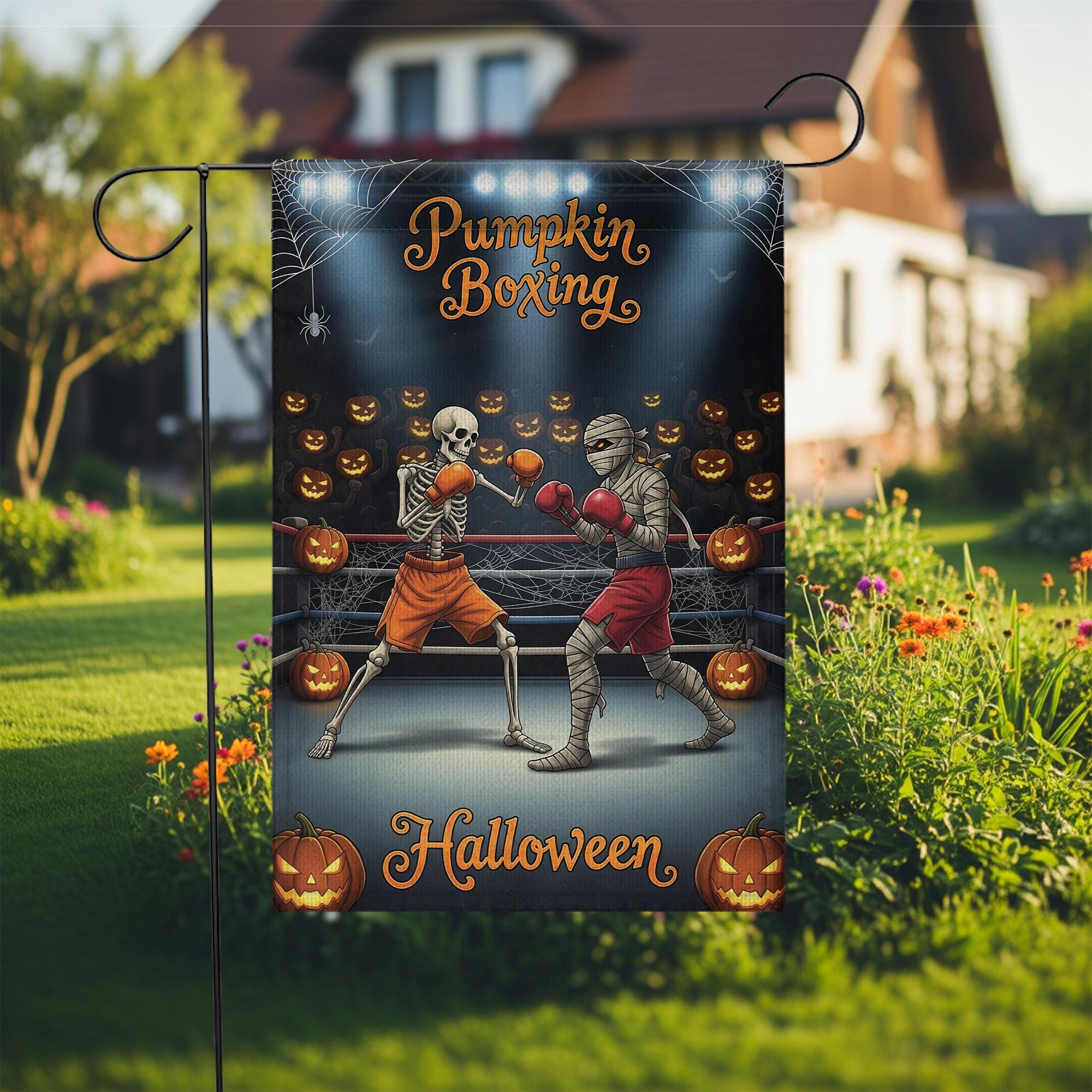 Funny Halloween Garden Flag, Skeleton vs Mummy Boxing Match, Spooky Outdoor Yard Decor, Humorous Porch Sign, Fall Lawn Decoration