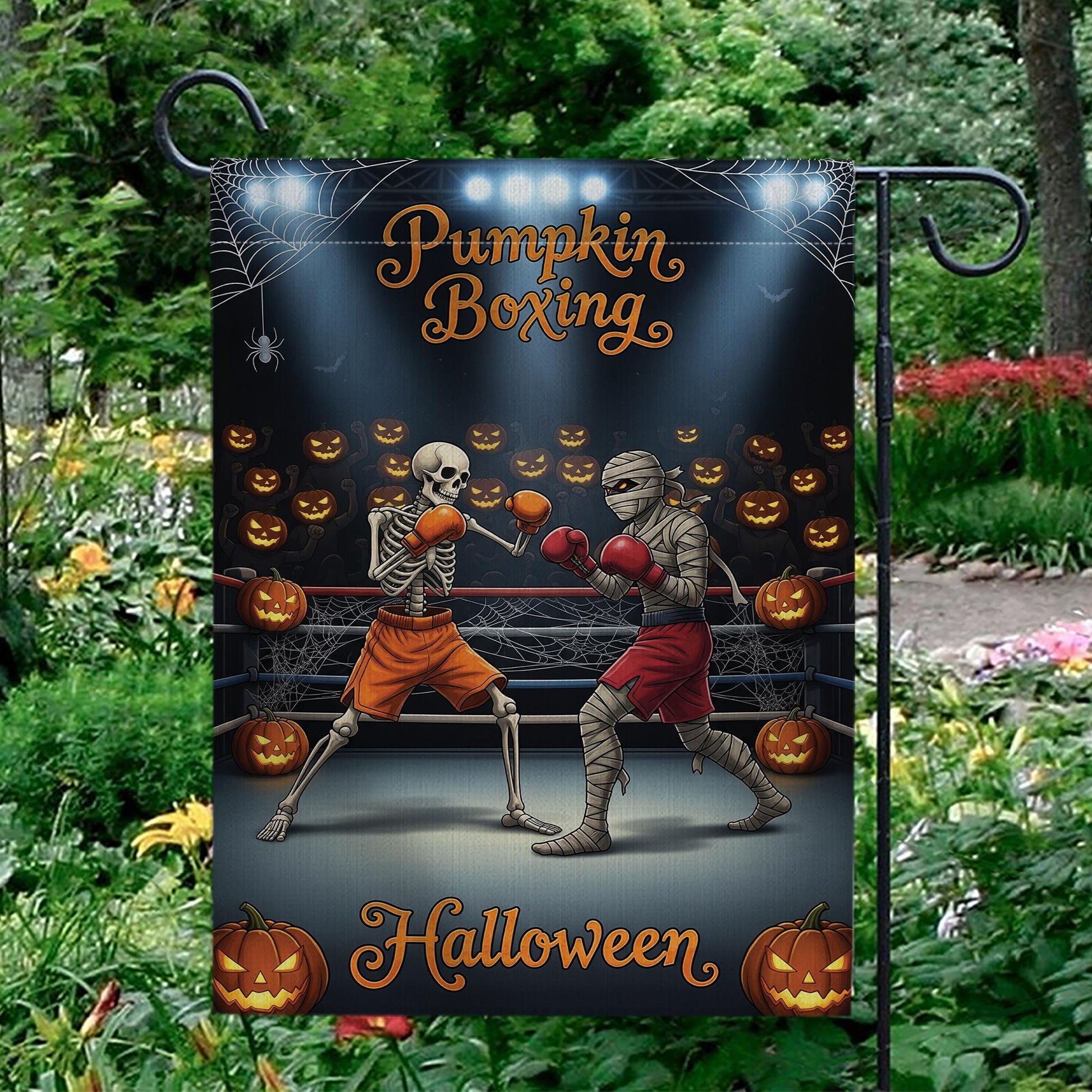 Funny Halloween Garden Flag, Skeleton vs Mummy Boxing Match, Spooky Outdoor Yard Decor, Humorous Porch Sign, Fall Lawn Decoration