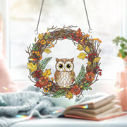 Owl Autumn Wreath Holographic Window Hanging – Fall Leaves & Berry Sun Catcher, Rustic Owl Seasonal Window Decor