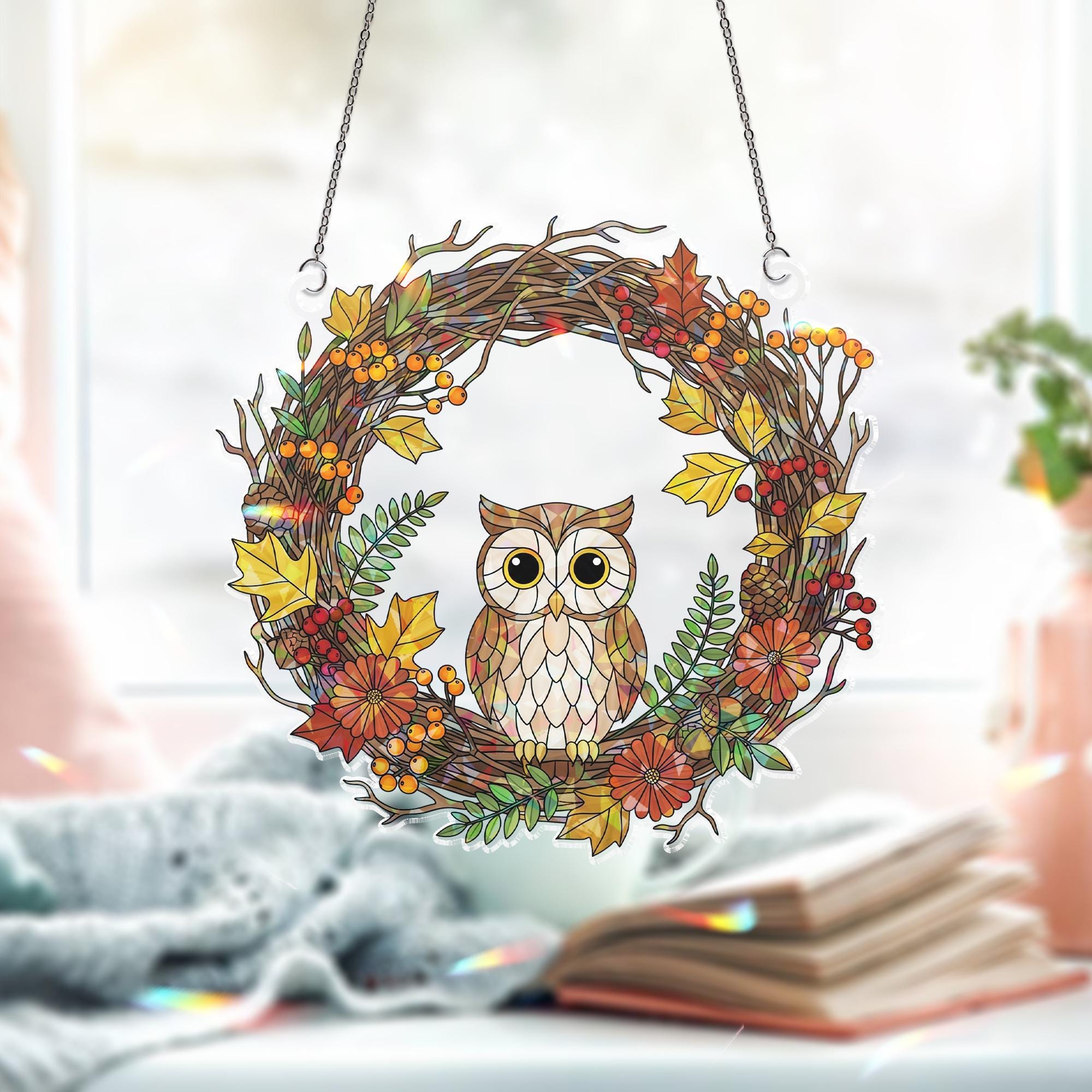 Owl Autumn Wreath Holographic Window Hanging – Fall Leaves & Berry Sun Catcher, Rustic Owl Seasonal Window Decor