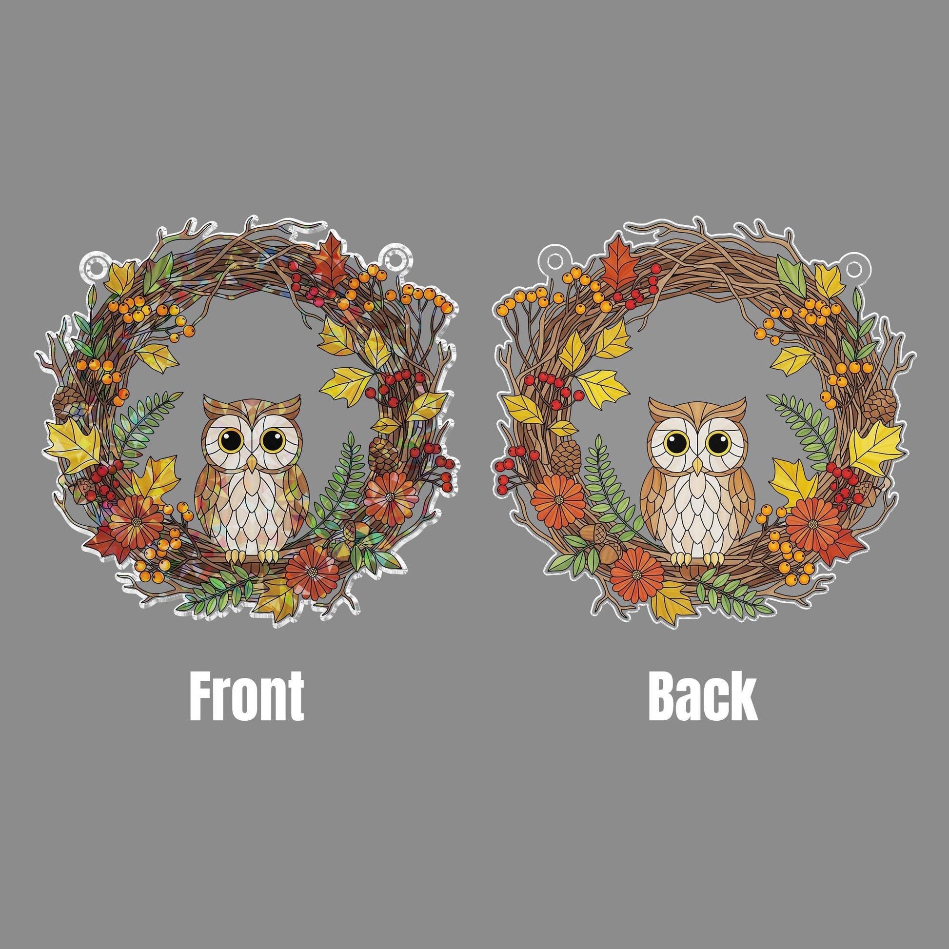 Owl Autumn Wreath Holographic Window Hanging – Fall Leaves & Berry Sun Catcher, Rustic Owl Seasonal Window Decor