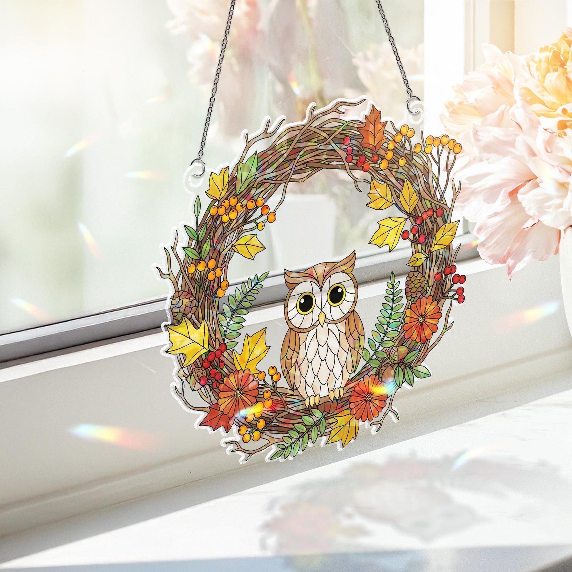 Owl Autumn Wreath Holographic Window Hanging – Fall Leaves & Berry Sun Catcher, Rustic Owl Seasonal Window Decor