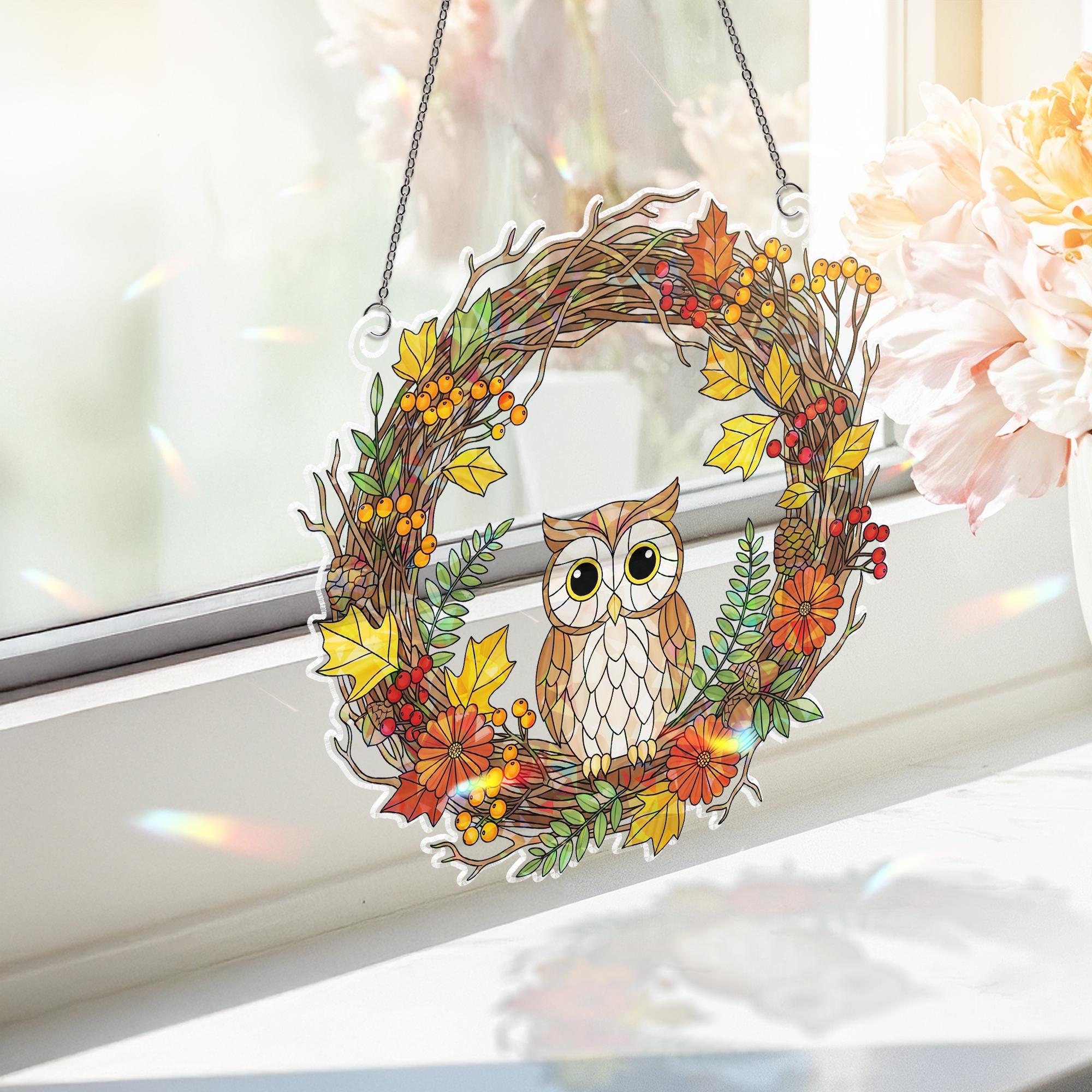 Owl Autumn Wreath Holographic Window Hanging – Fall Leaves & Berry Sun Catcher, Rustic Owl Seasonal Window Decor