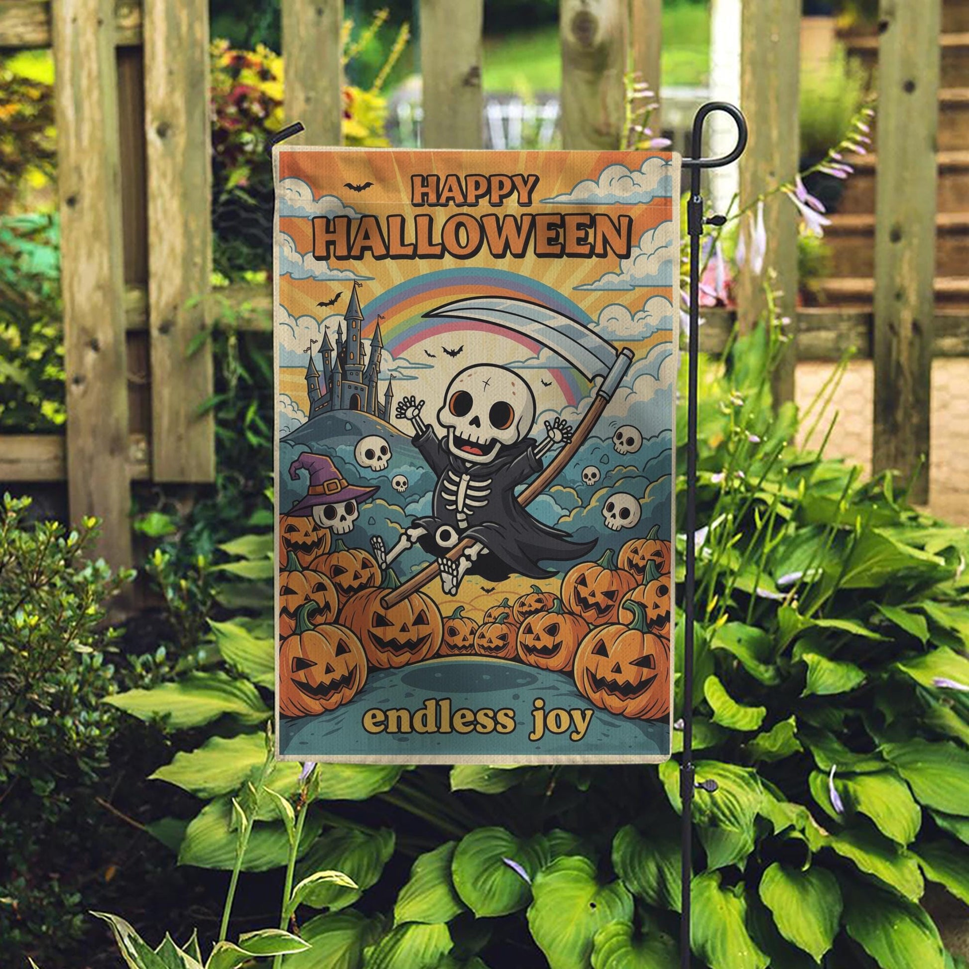 Retro Halloween Garden Flag, Groovy Grim Reaper Skeleton Decor, Whimsical Outdoor Yard Flag, Hippie Fall Porch Sign, Funny Halloween