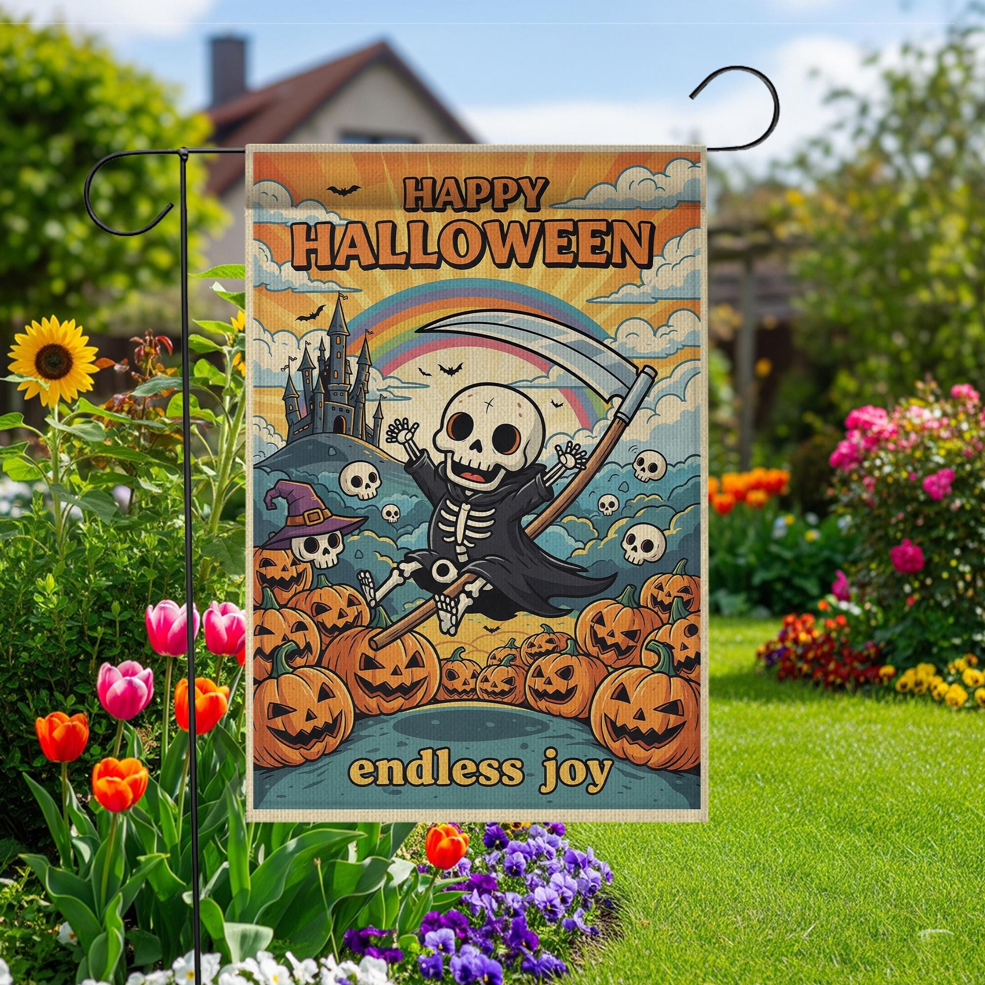 Retro Halloween Garden Flag, Groovy Grim Reaper Skeleton Decor, Whimsical Outdoor Yard Flag, Hippie Fall Porch Sign, Funny Halloween