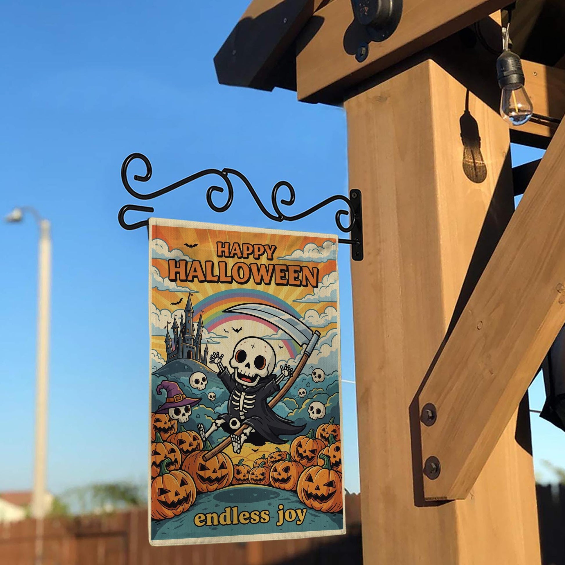 Retro Halloween Garden Flag, Groovy Grim Reaper Skeleton Decor, Whimsical Outdoor Yard Flag, Hippie Fall Porch Sign, Funny Halloween