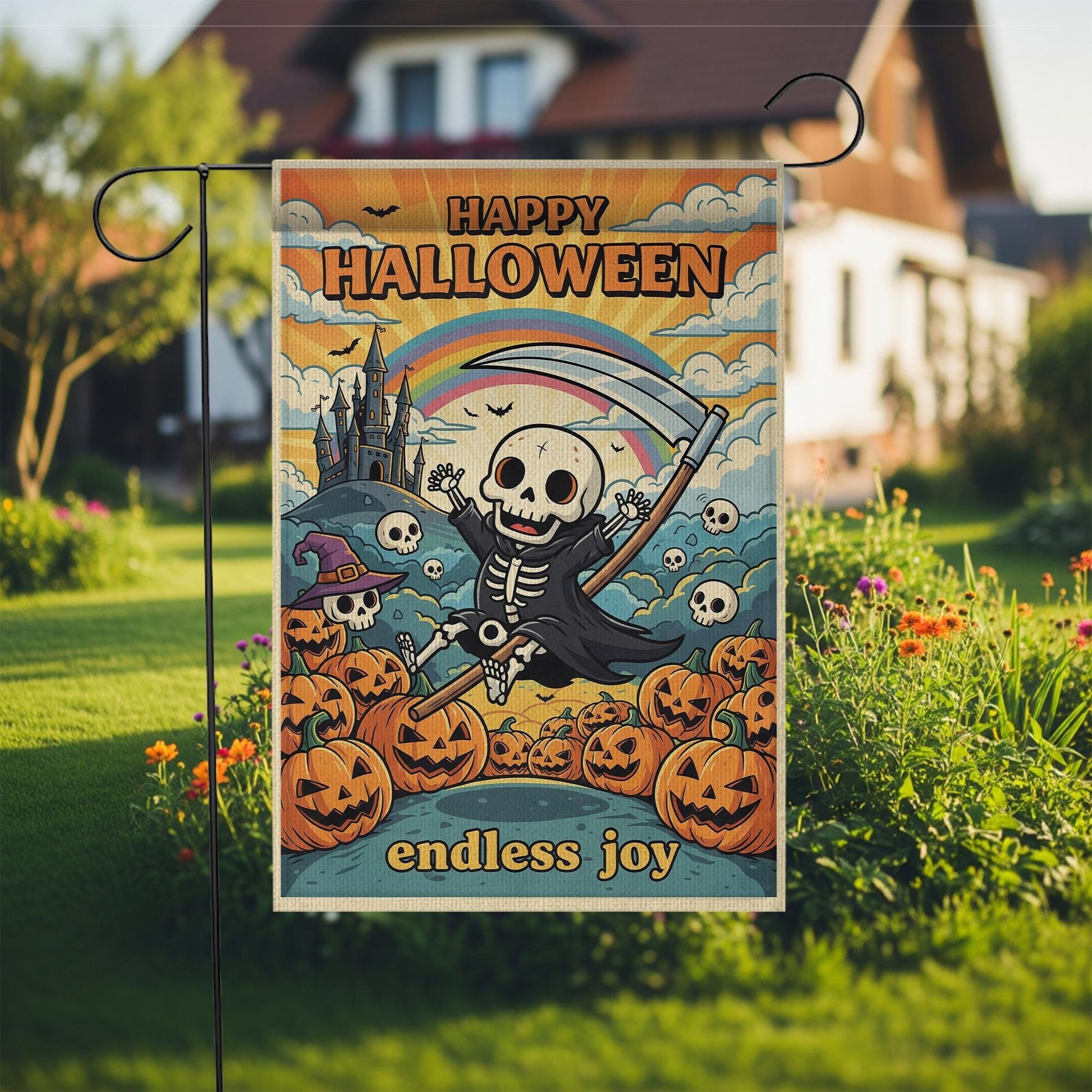 Retro Halloween Garden Flag, Groovy Grim Reaper Skeleton Decor, Whimsical Outdoor Yard Flag, Hippie Fall Porch Sign, Funny Halloween