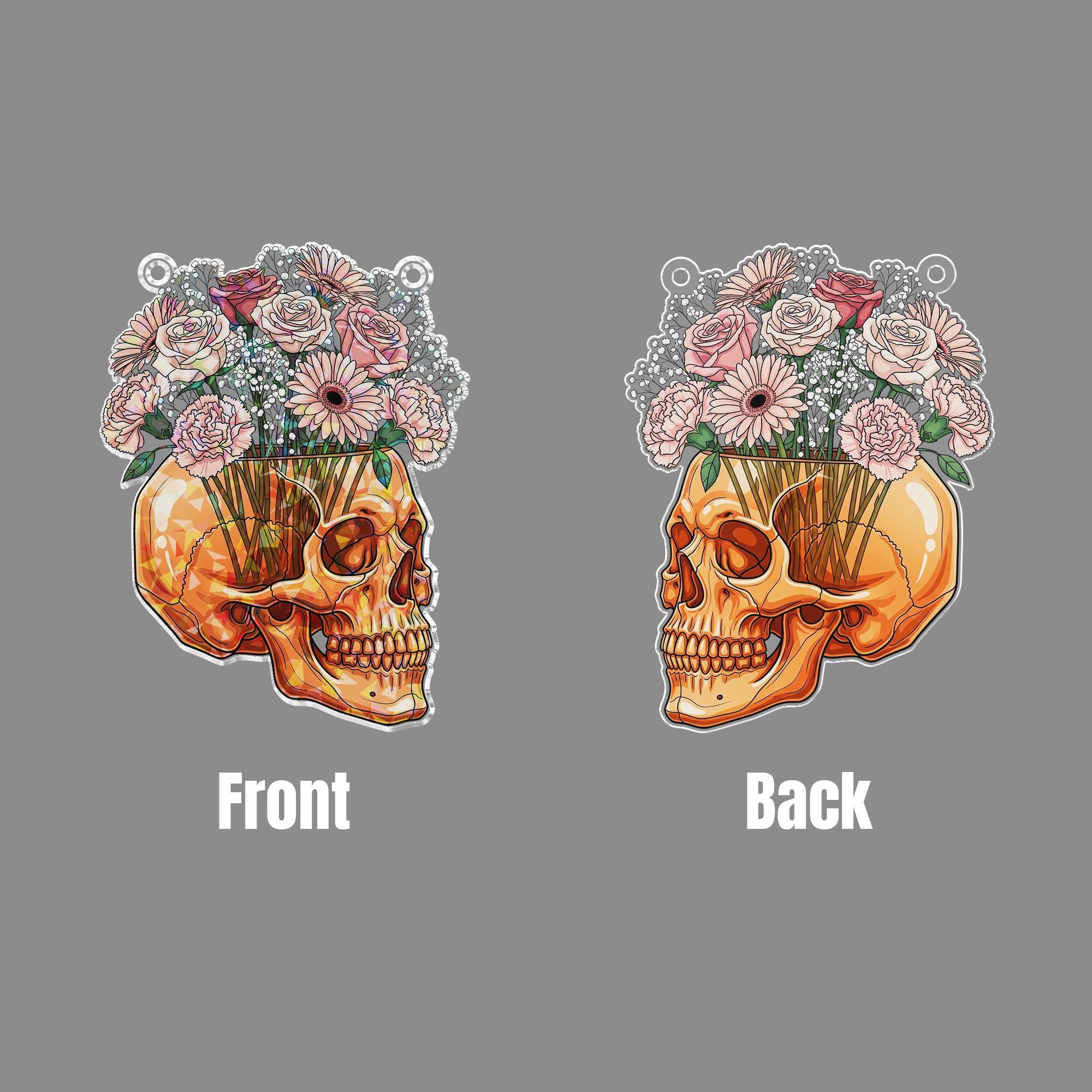Floral Skull Holographic Window Hanging – Gothic Rose & Daisy Skull Sun Catcher, Dark Academia Halloween Floral Decor