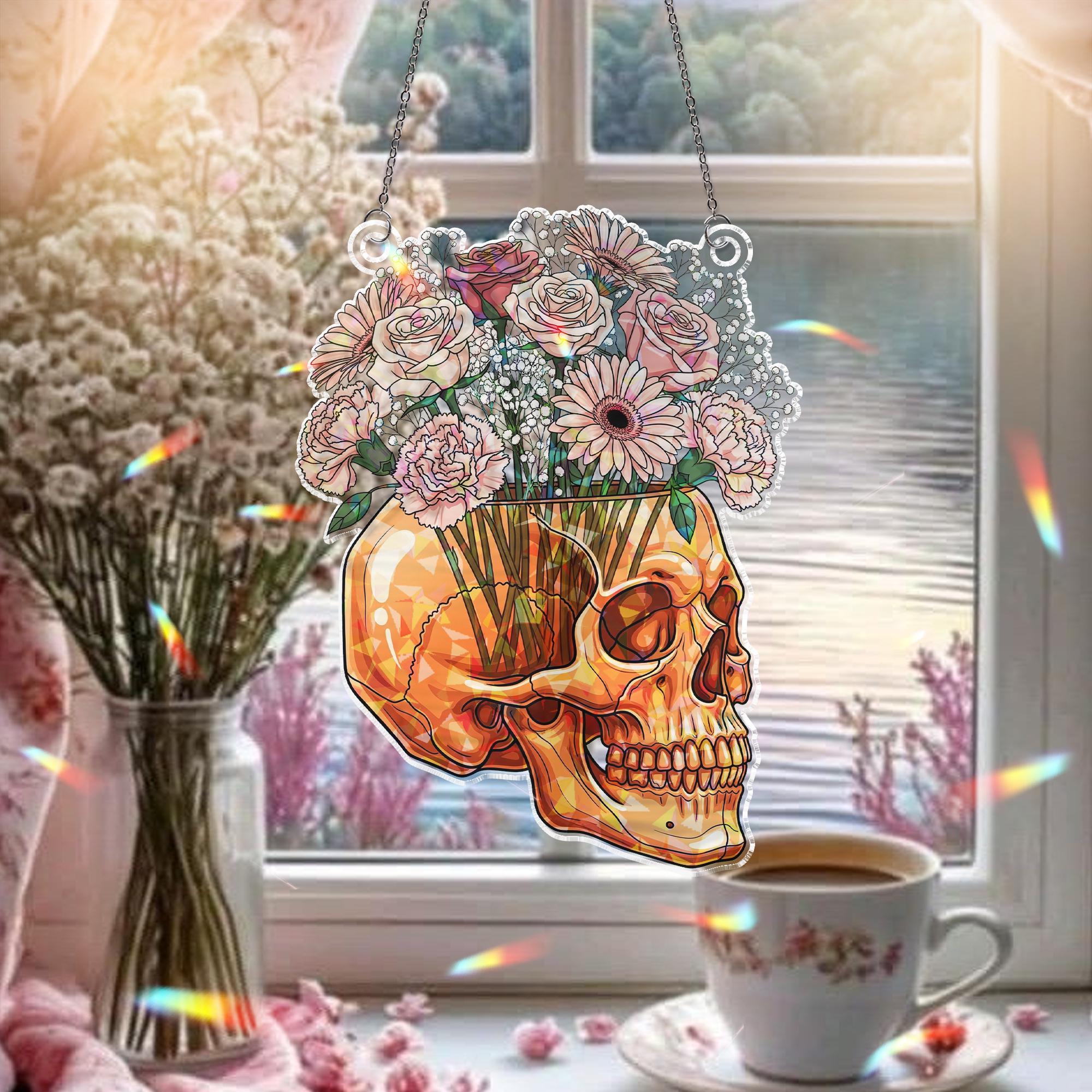Floral Skull Holographic Window Hanging – Gothic Rose & Daisy Skull Sun Catcher, Dark Academia Halloween Floral Decor
