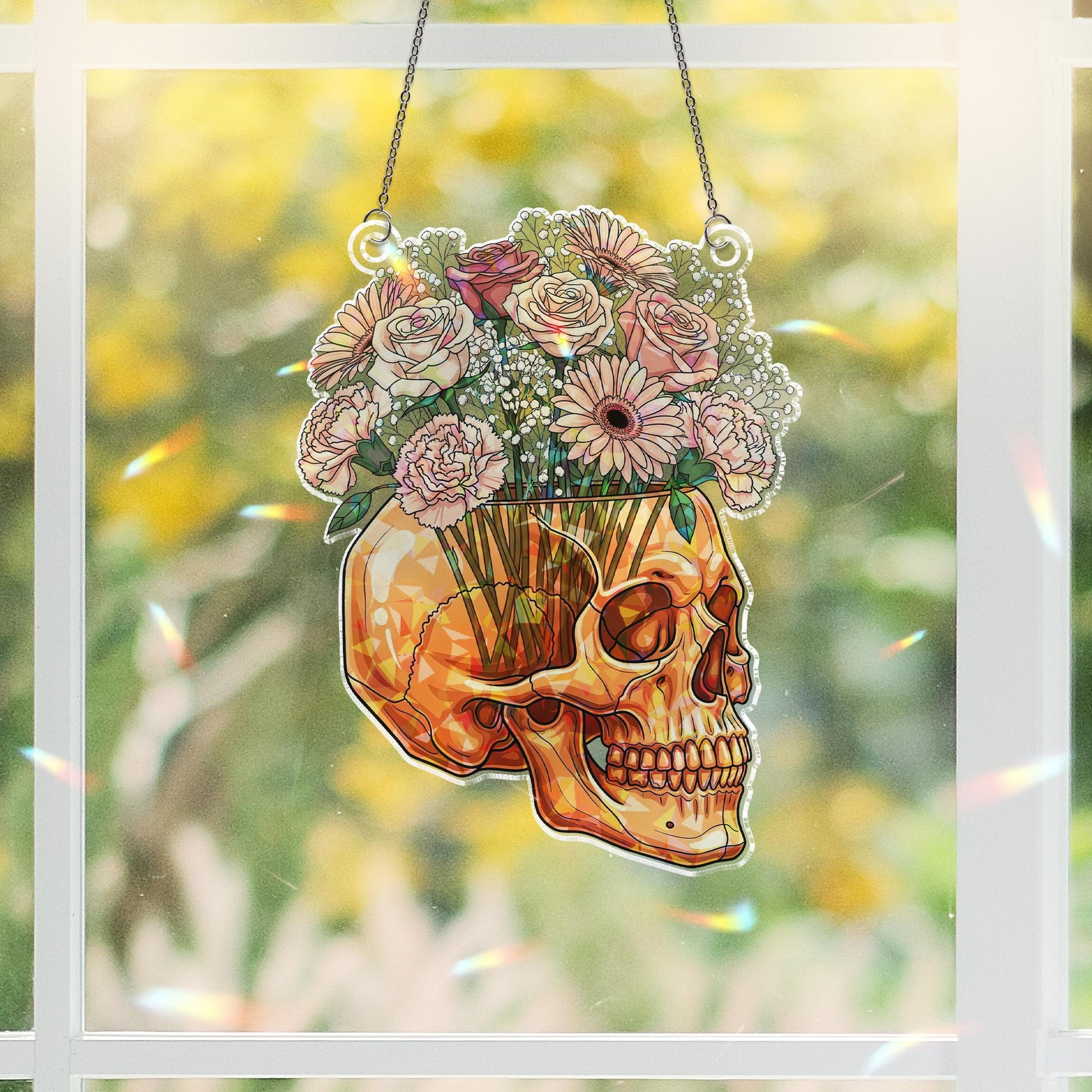 Floral Skull Holographic Window Hanging – Gothic Rose & Daisy Skull Sun Catcher, Dark Academia Halloween Floral Decor