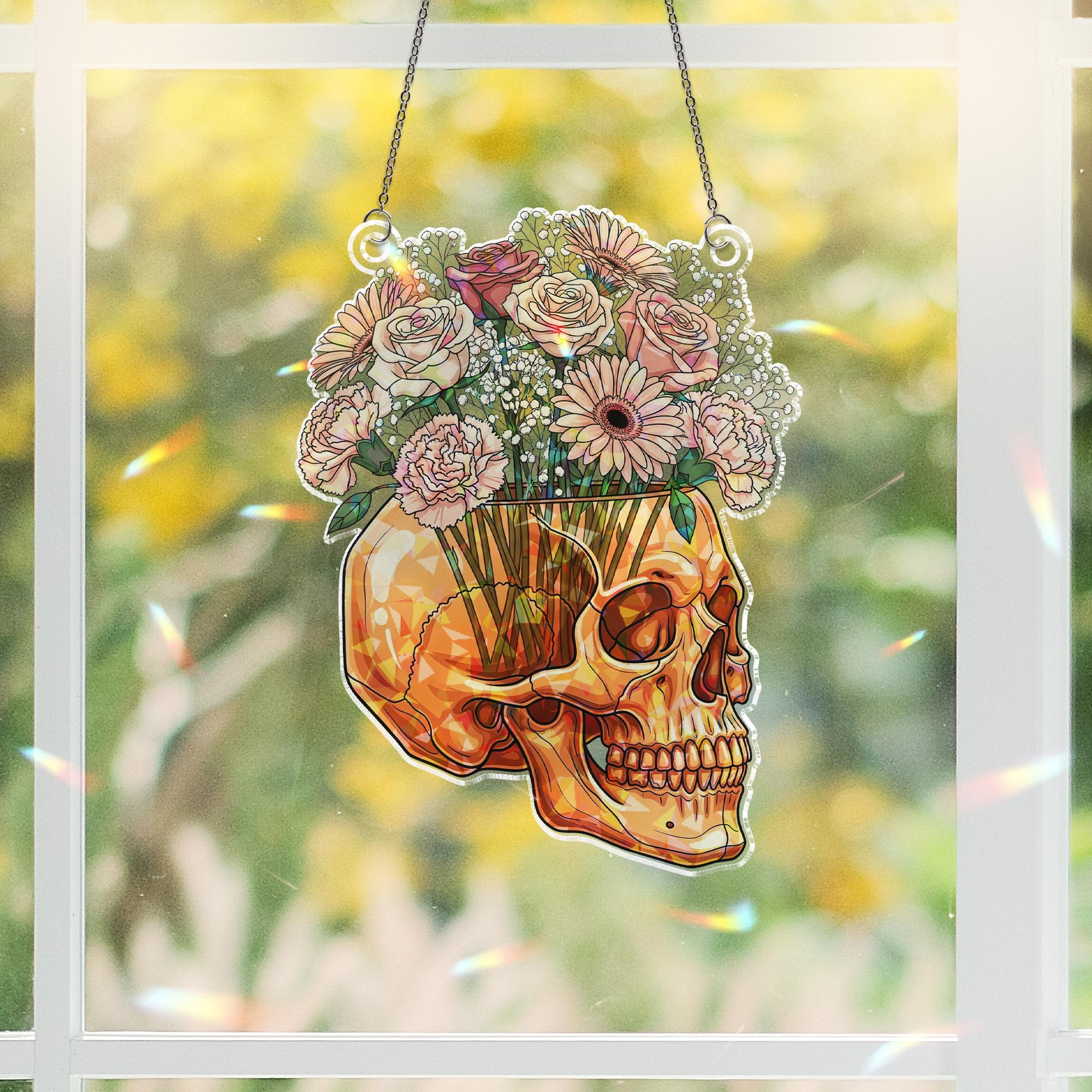 Floral Skull Holographic Window Hanging – Gothic Rose & Daisy Skull Sun Catcher, Dark Academia Halloween Floral Decor