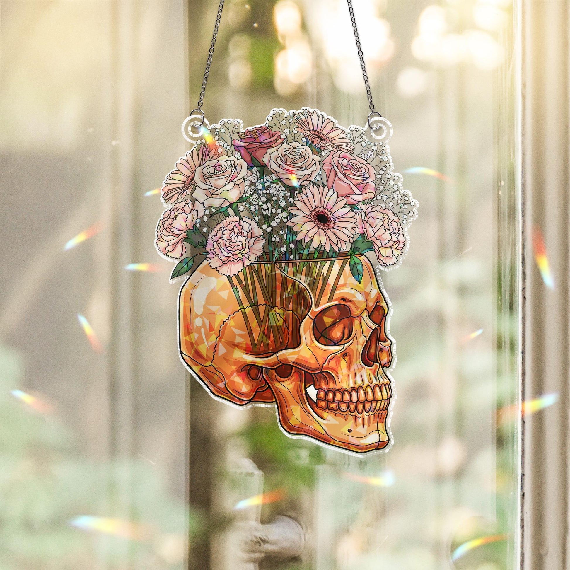 Floral Skull Holographic Window Hanging – Gothic Rose & Daisy Skull Sun Catcher, Dark Academia Halloween Floral Decor