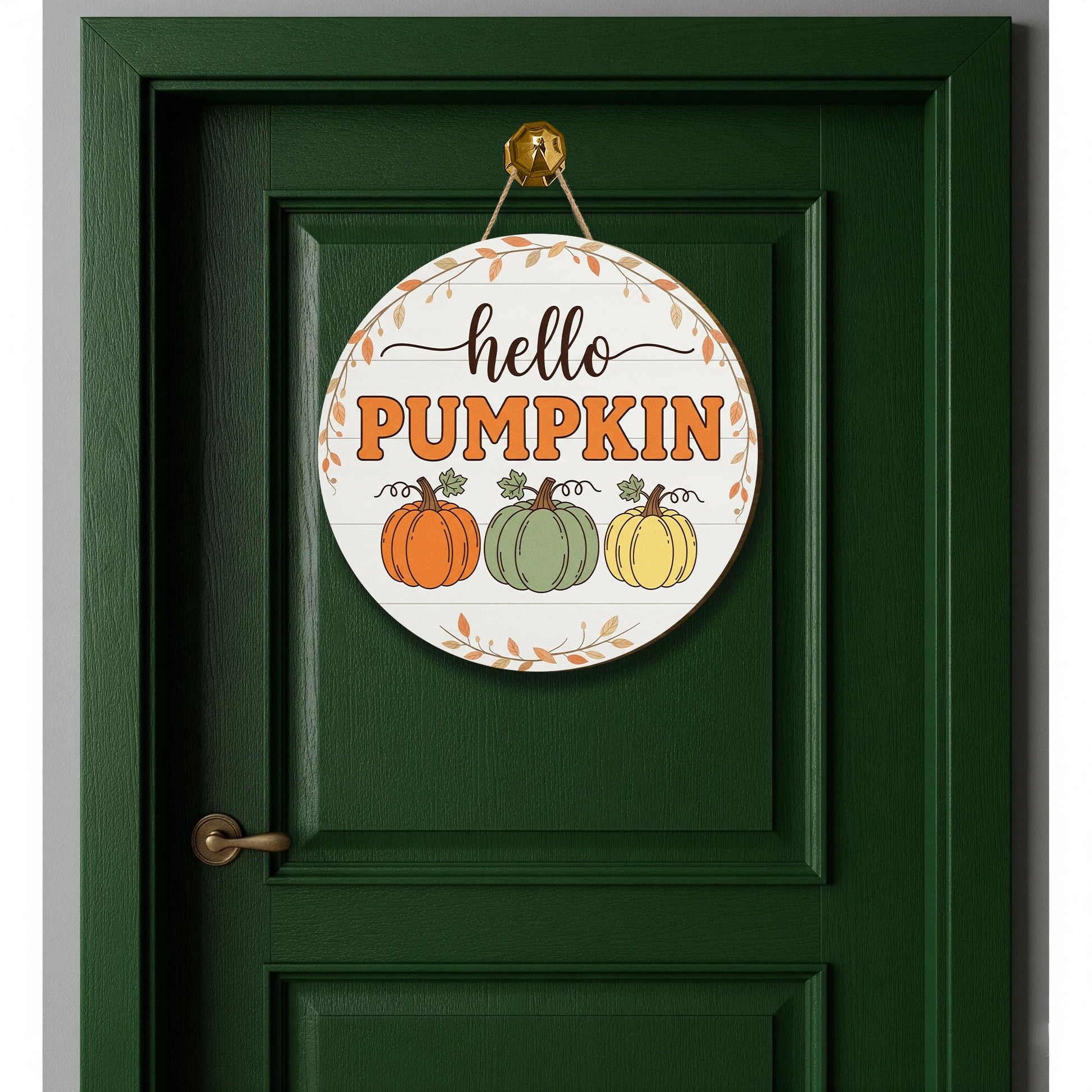 Hello Pumpkin Door Hanger, Autumn Pumpkin Sign, Fall Welcome Decor, Rustic Round Front Door Decor