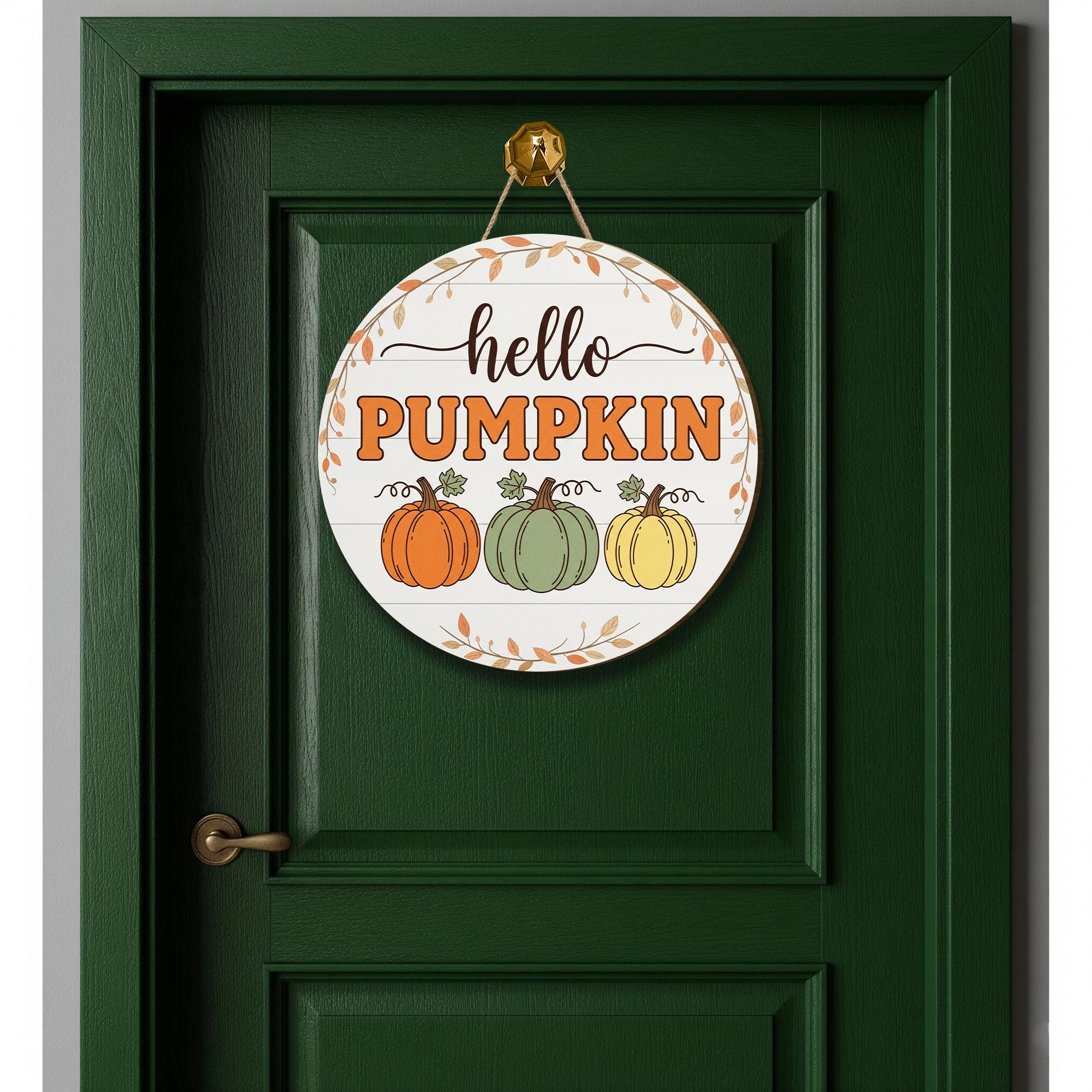 Hello Pumpkin Door Hanger, Autumn Pumpkin Sign, Fall Welcome Decor, Rustic Round Front Door Decor