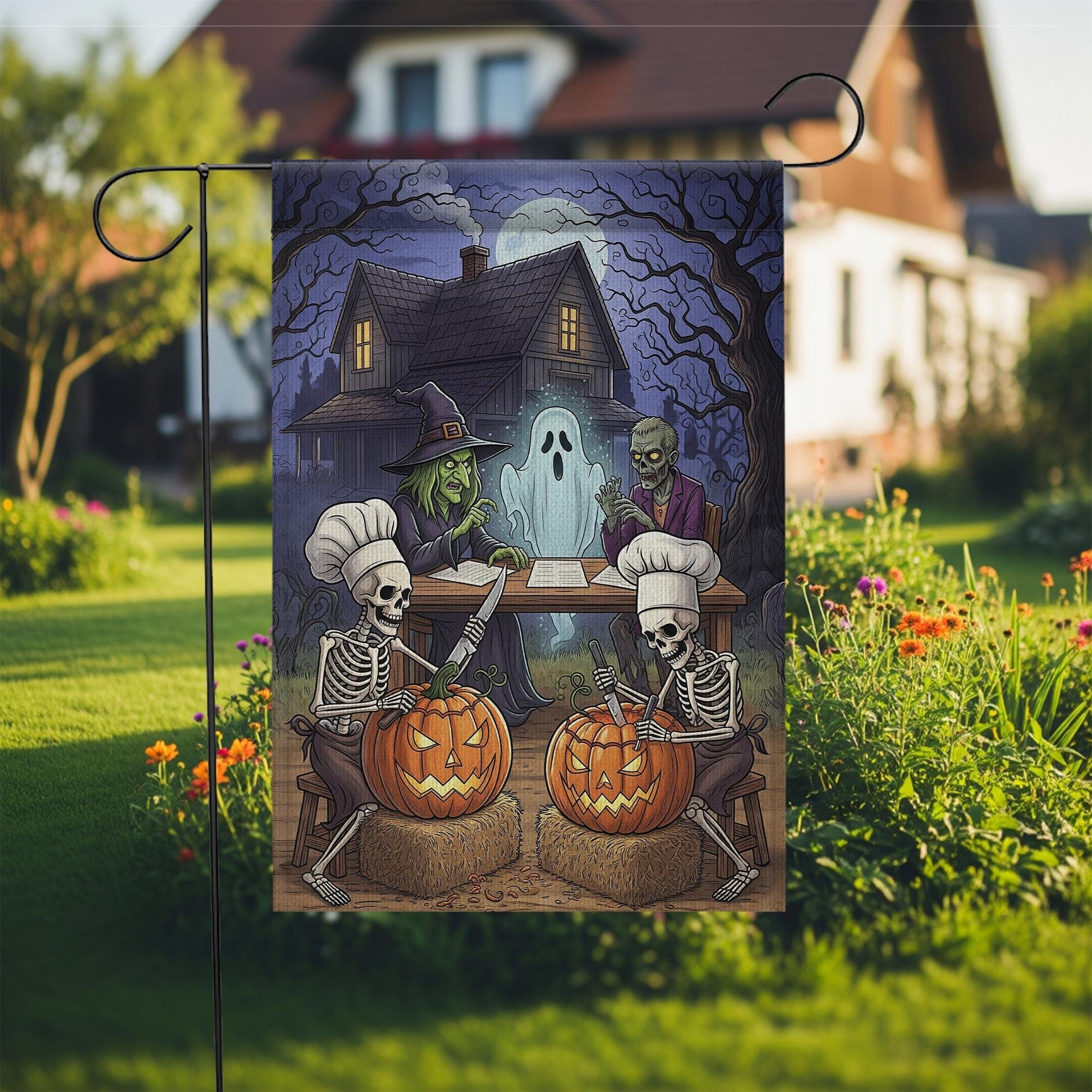 Skeleton Pumpkin Carving Halloween Flag – Witch Ghost Zombie Haunted House Garden Flag, Spooky Outdoor Halloween Decor
