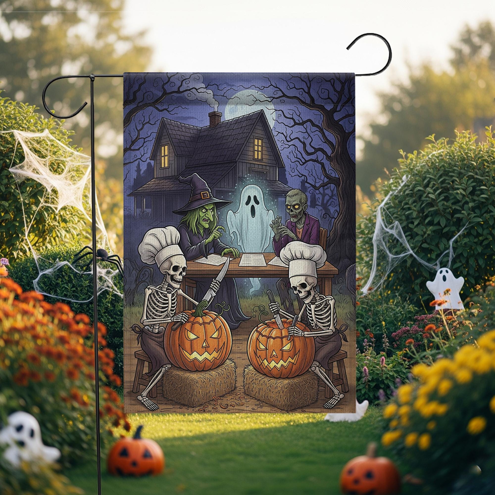 Skeleton Pumpkin Carving Halloween Flag – Witch Ghost Zombie Haunted House Garden Flag, Spooky Outdoor Halloween Decor