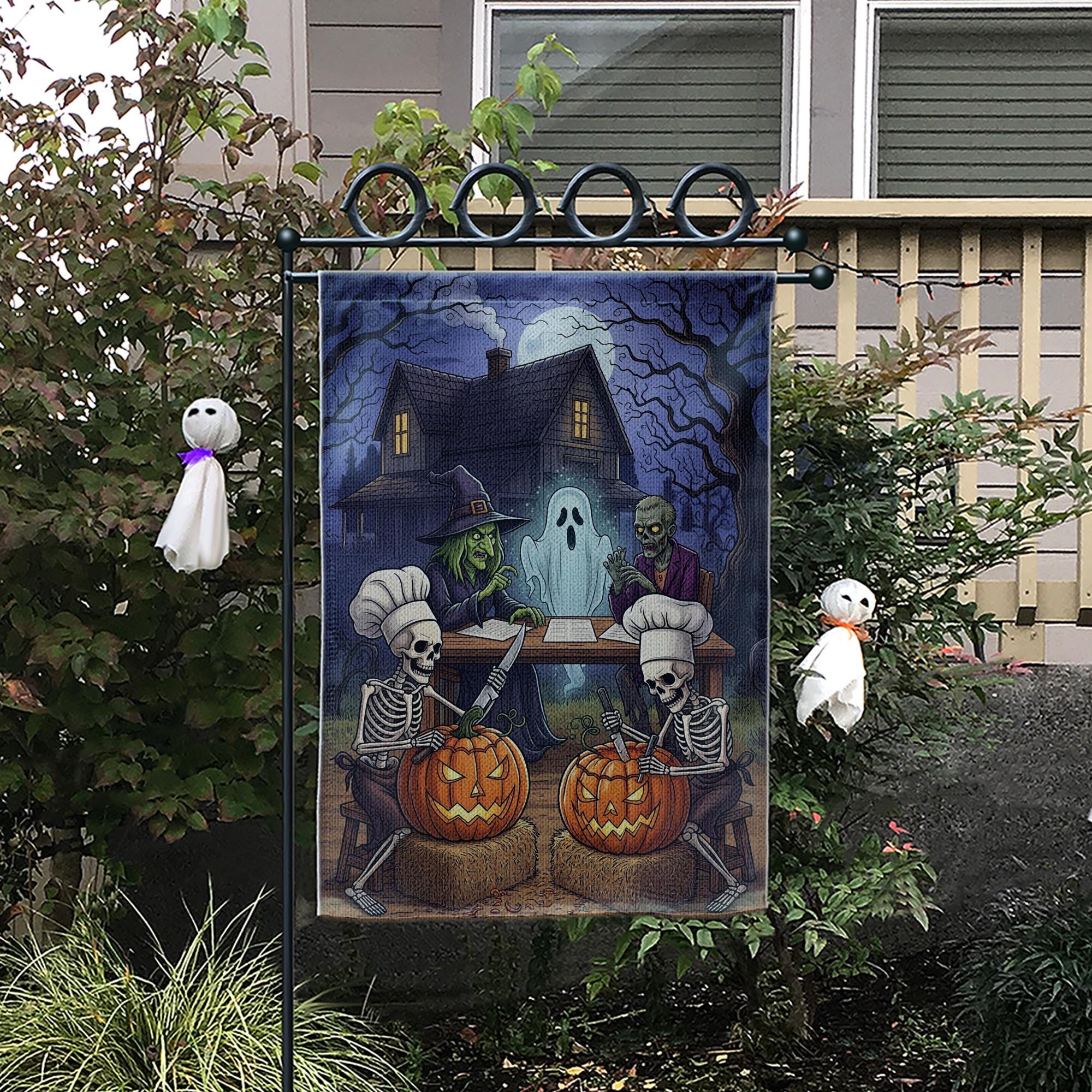 Skeleton Pumpkin Carving Halloween Flag – Witch Ghost Zombie Haunted House Garden Flag, Spooky Outdoor Halloween Decor