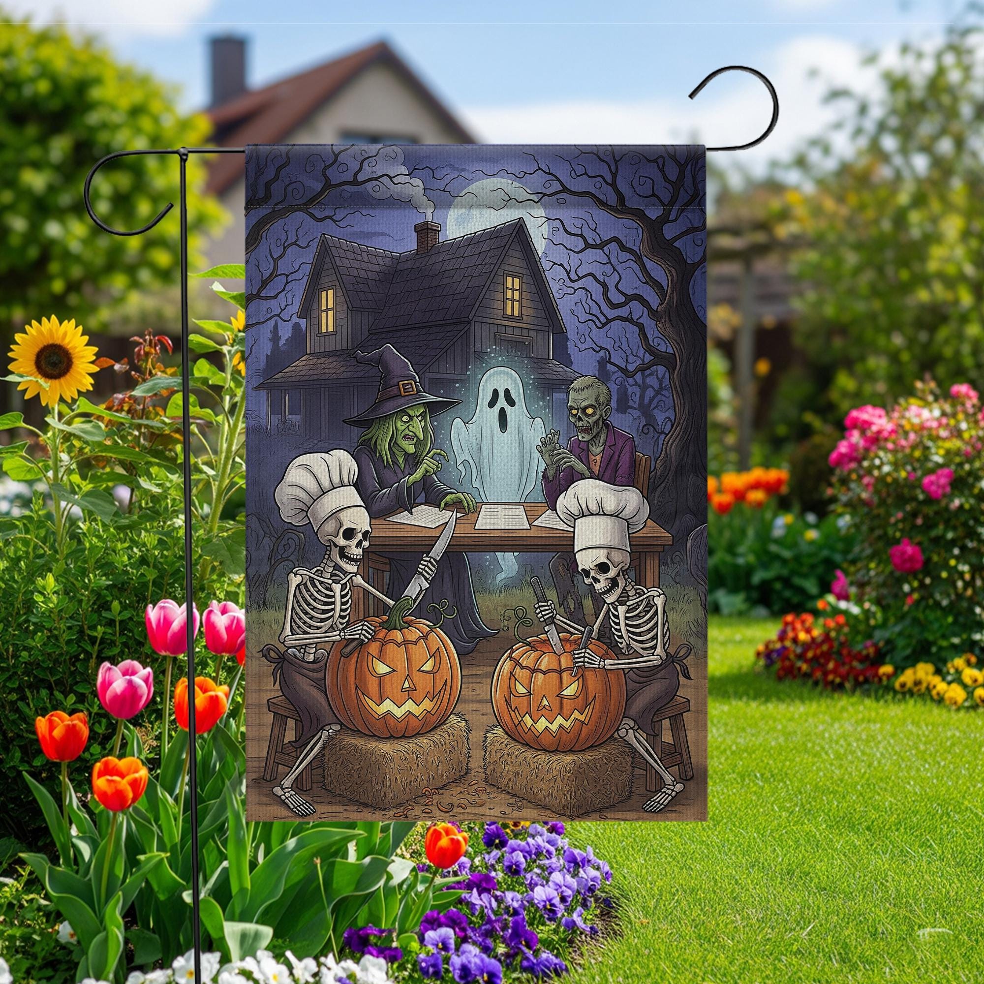 Skeleton Pumpkin Carving Halloween Flag – Witch Ghost Zombie Haunted House Garden Flag, Spooky Outdoor Halloween Decor