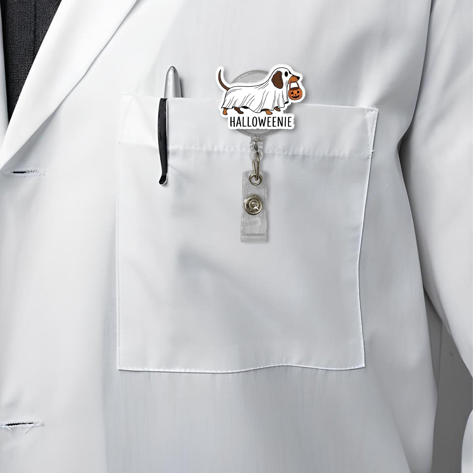 Halloweenie Dachshund Badge Reel – Ghost Dog Retractable ID Holder, Funny Wiener Dog Halloween Name Tag for Nurse or Teacher
