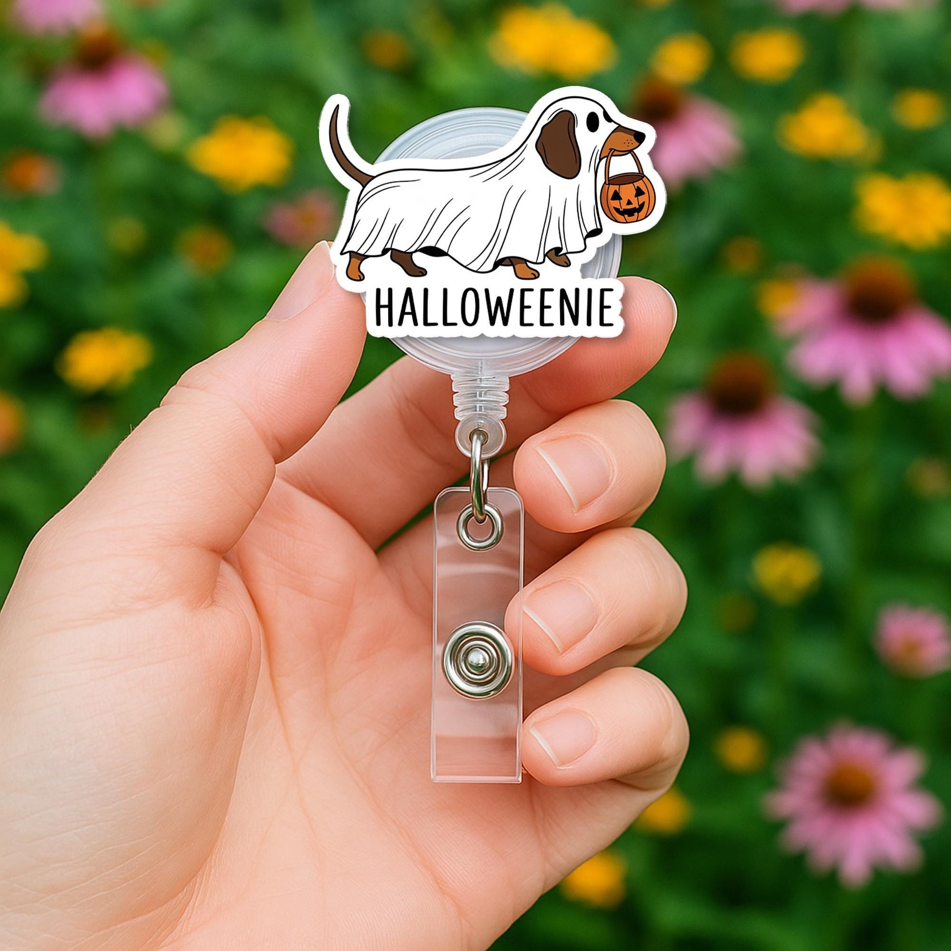 Halloweenie Dachshund Badge Reel – Ghost Dog Retractable ID Holder, Funny Wiener Dog Halloween Name Tag for Nurse or Teacher