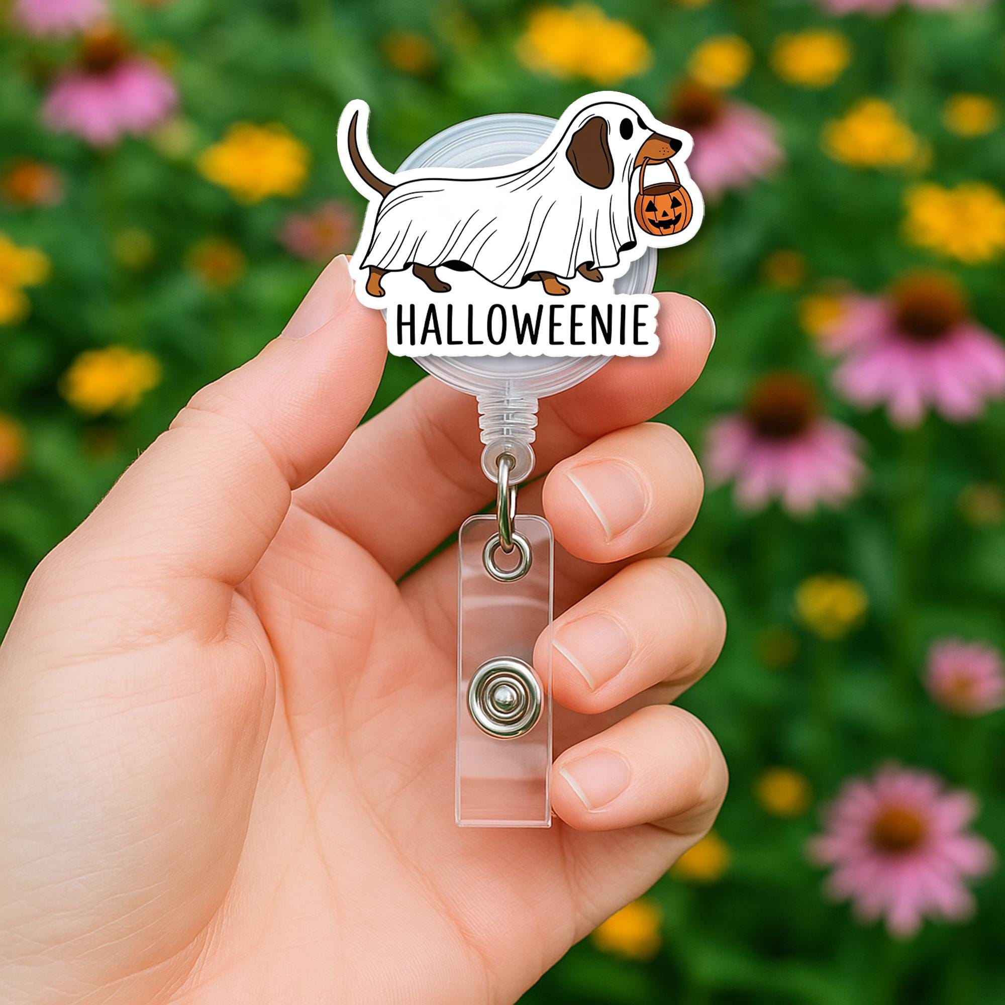 Halloweenie Dachshund Badge Reel – Ghost Dog Retractable ID Holder, Funny Wiener Dog Halloween Name Tag for Nurse or Teacher