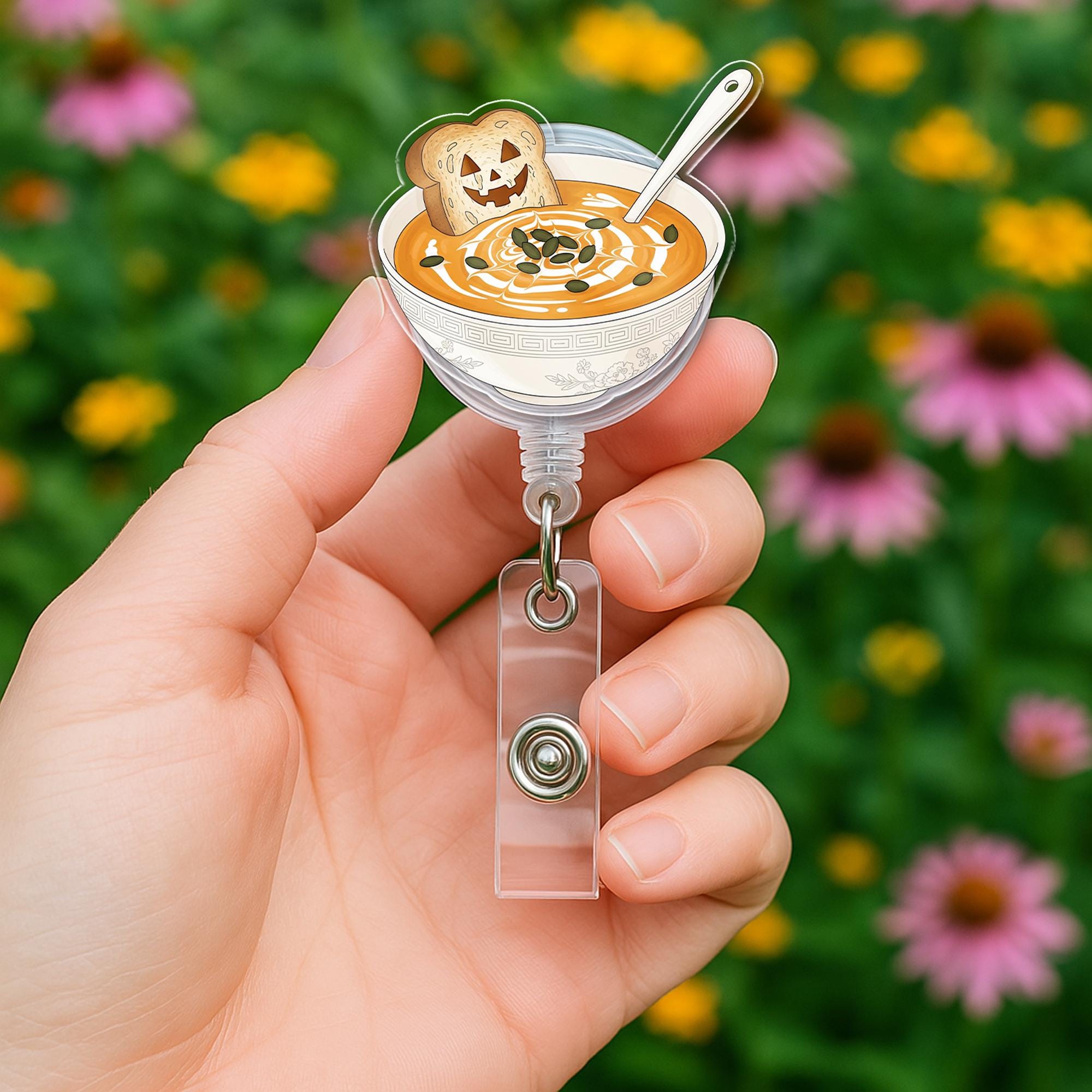 Pumpkin Soup Badge Reel – Autumn Fall Soup Bowl with Toast Retractable ID Holder, Cute Halloween Nurse Teacher Name Tag Reel