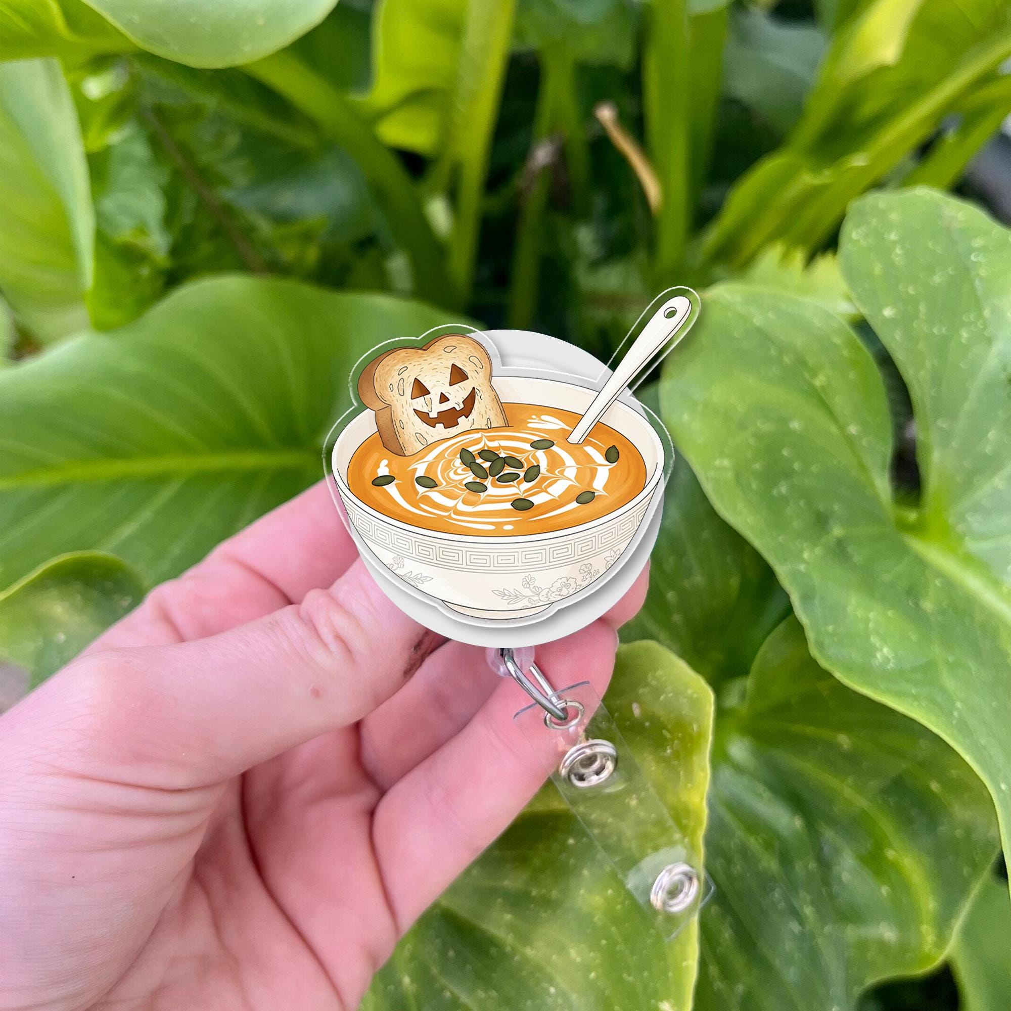 Pumpkin Soup Badge Reel – Autumn Fall Soup Bowl with Toast Retractable ID Holder, Cute Halloween Nurse Teacher Name Tag Reel