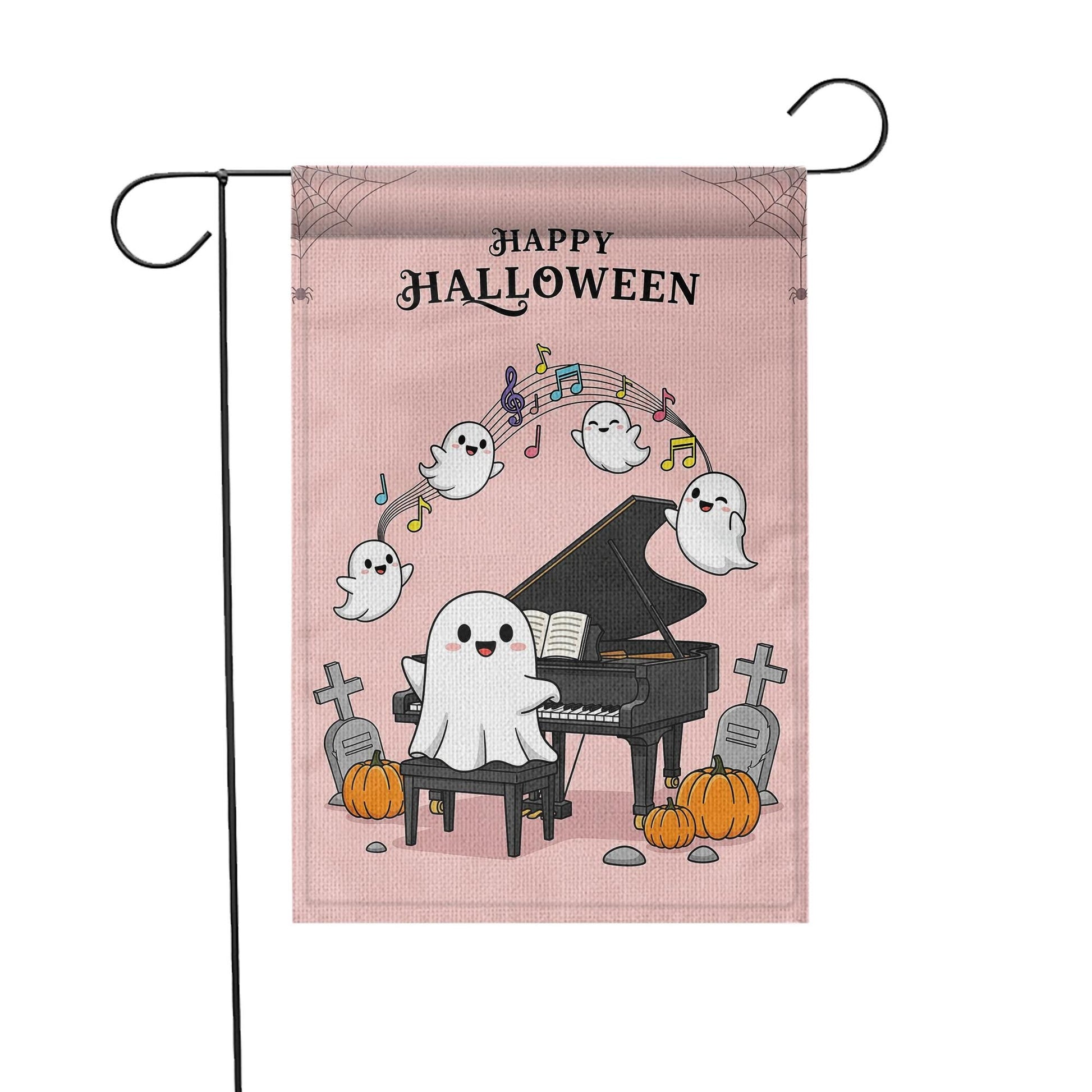 Cute Ghost Halloween Garden Flag, Piano Playing Ghost Yard Decor, Spooky Cute Outdoor Flag, Kawaii Fall Porch Sign, Music Lover Gift