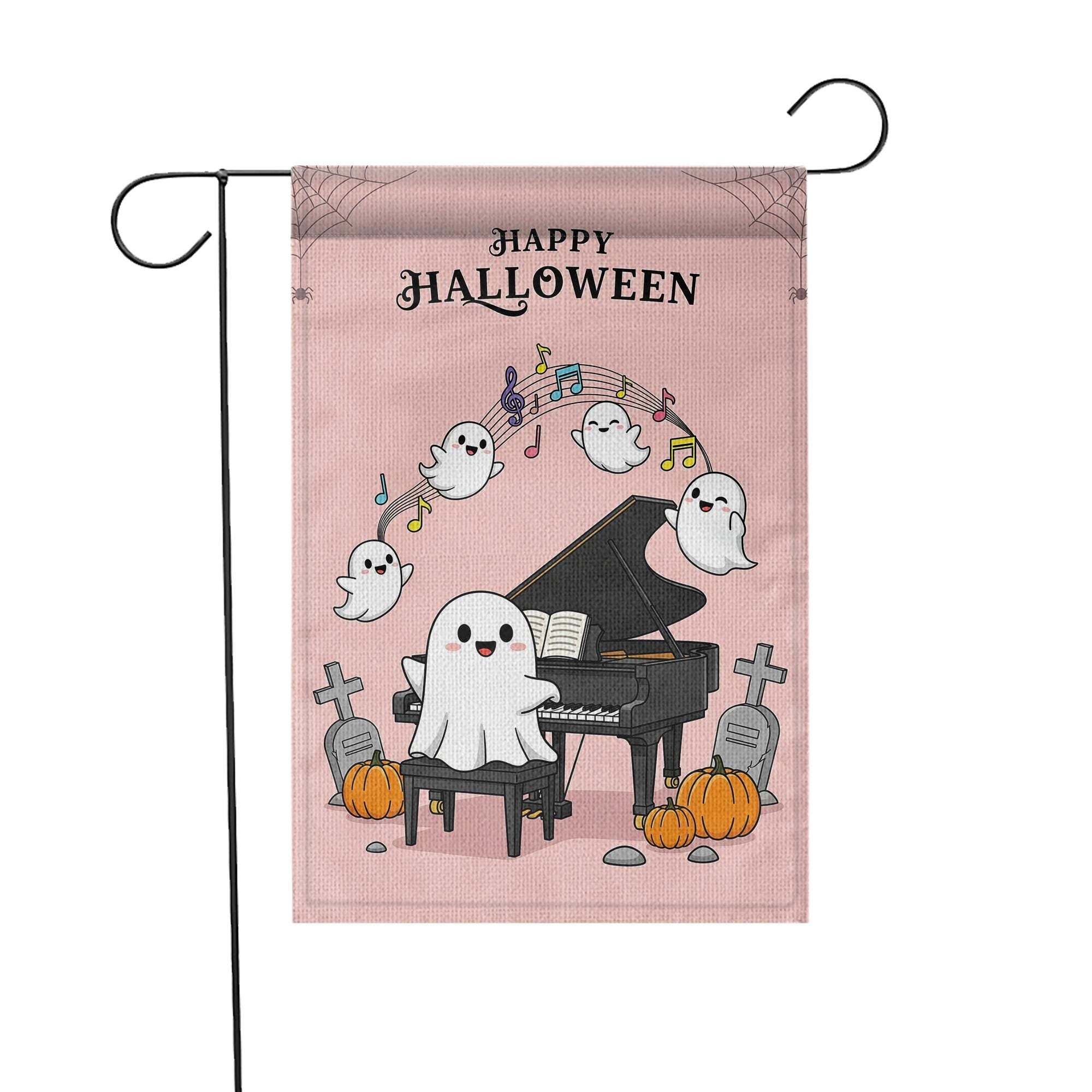 Cute Ghost Halloween Garden Flag, Piano Playing Ghost Yard Decor, Spooky Cute Outdoor Flag, Kawaii Fall Porch Sign, Music Lover Gift
