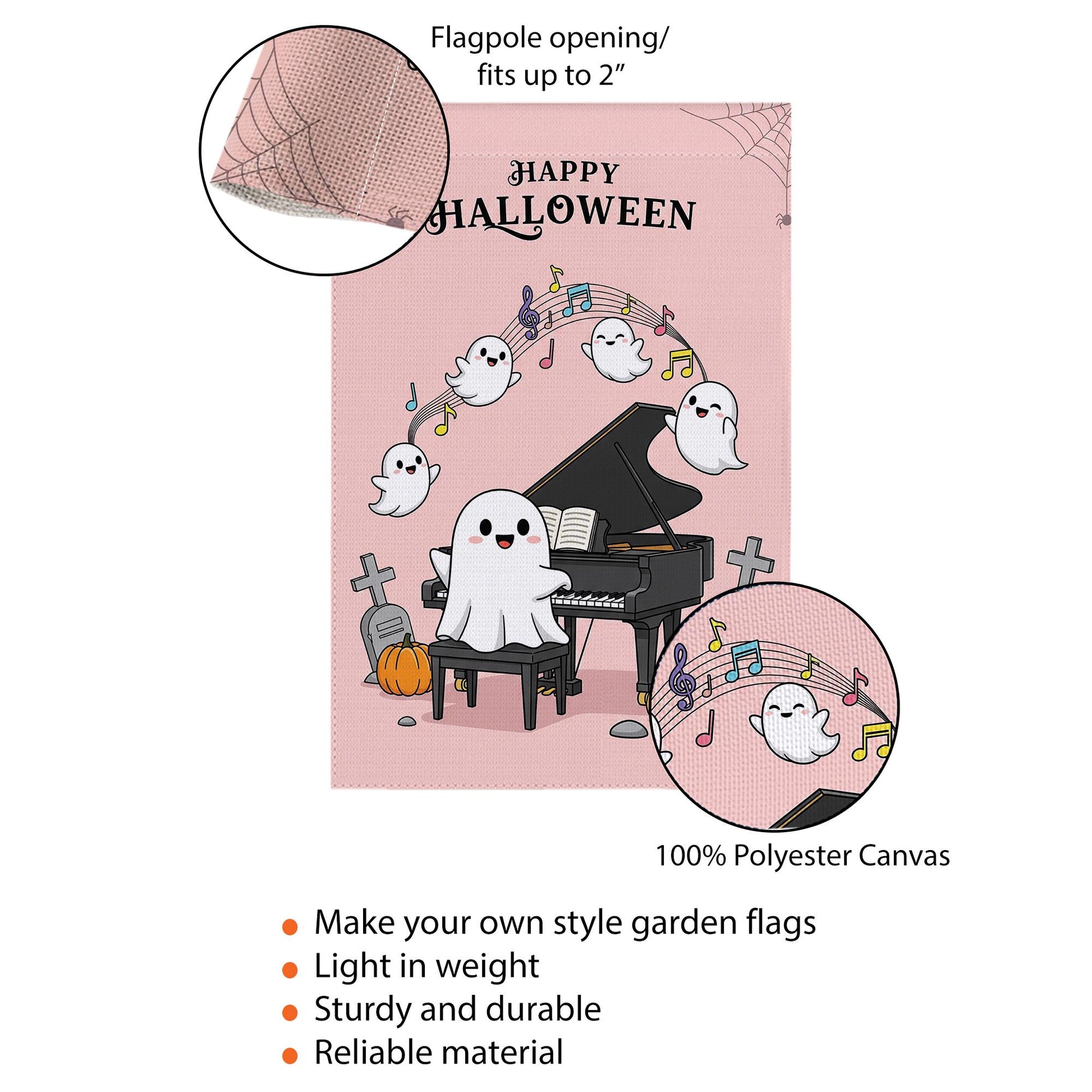 Cute Ghost Halloween Garden Flag, Piano Playing Ghost Yard Decor, Spooky Cute Outdoor Flag, Kawaii Fall Porch Sign, Music Lover Gift