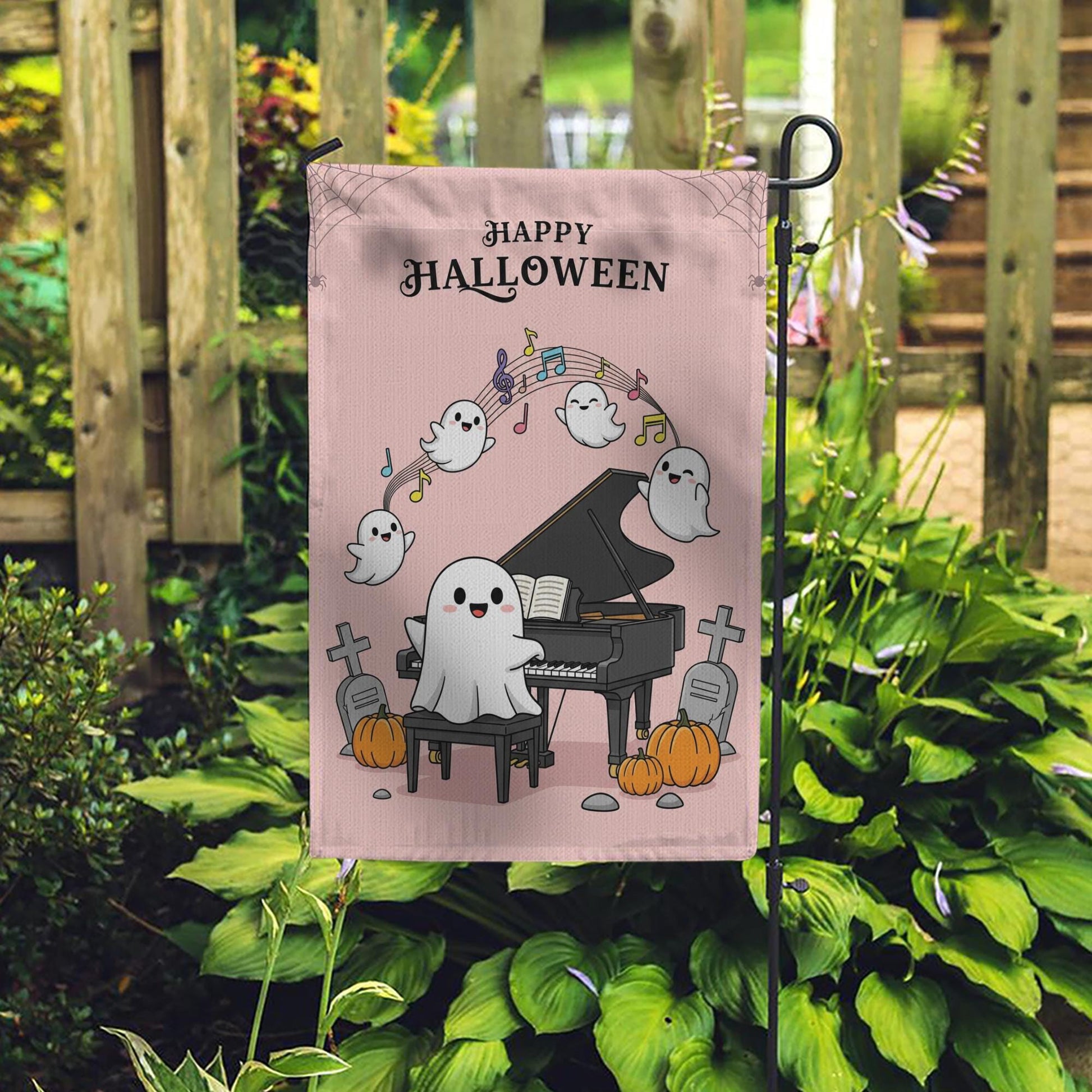 Cute Ghost Halloween Garden Flag, Piano Playing Ghost Yard Decor, Spooky Cute Outdoor Flag, Kawaii Fall Porch Sign, Music Lover Gift