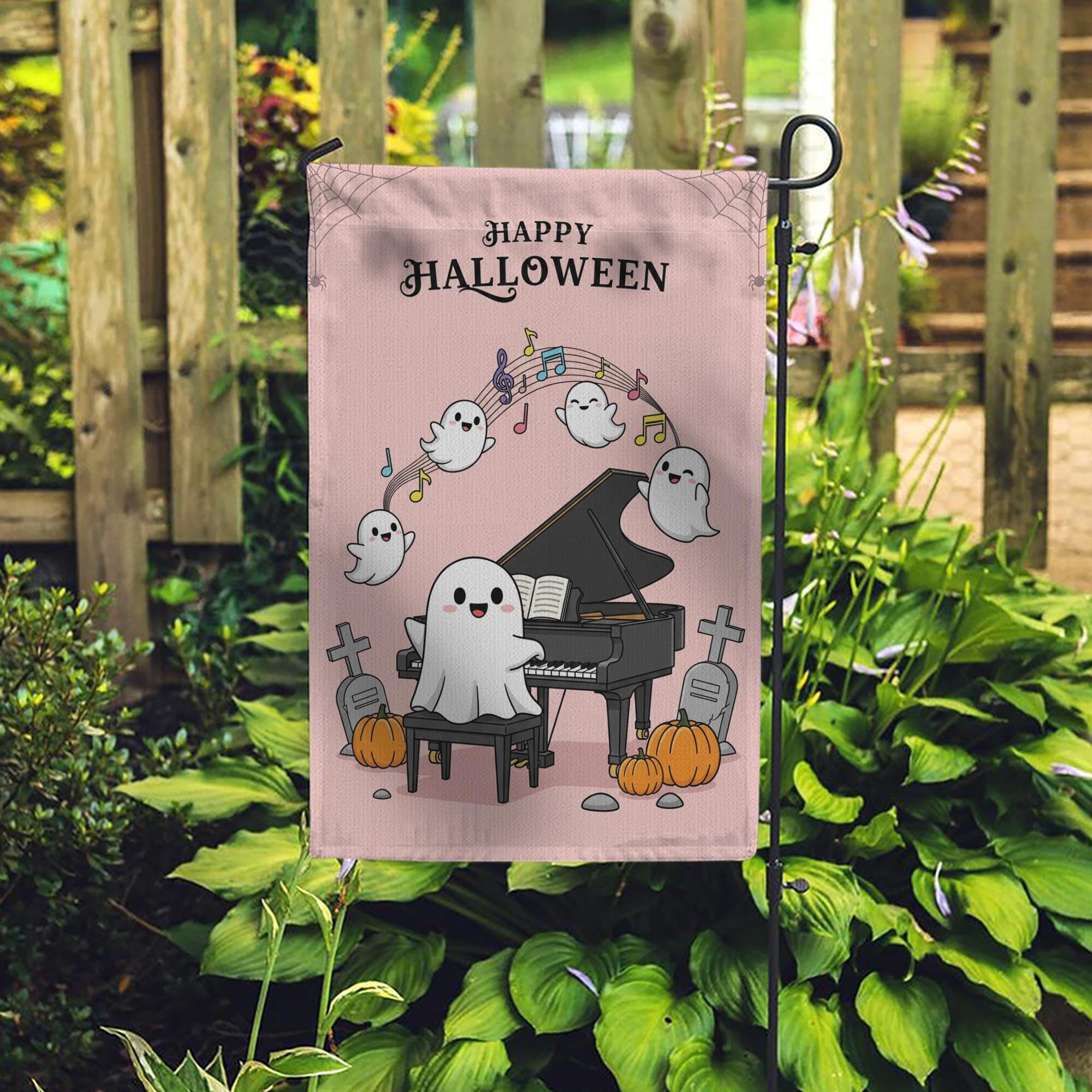 Cute Ghost Halloween Garden Flag, Piano Playing Ghost Yard Decor, Spooky Cute Outdoor Flag, Kawaii Fall Porch Sign, Music Lover Gift