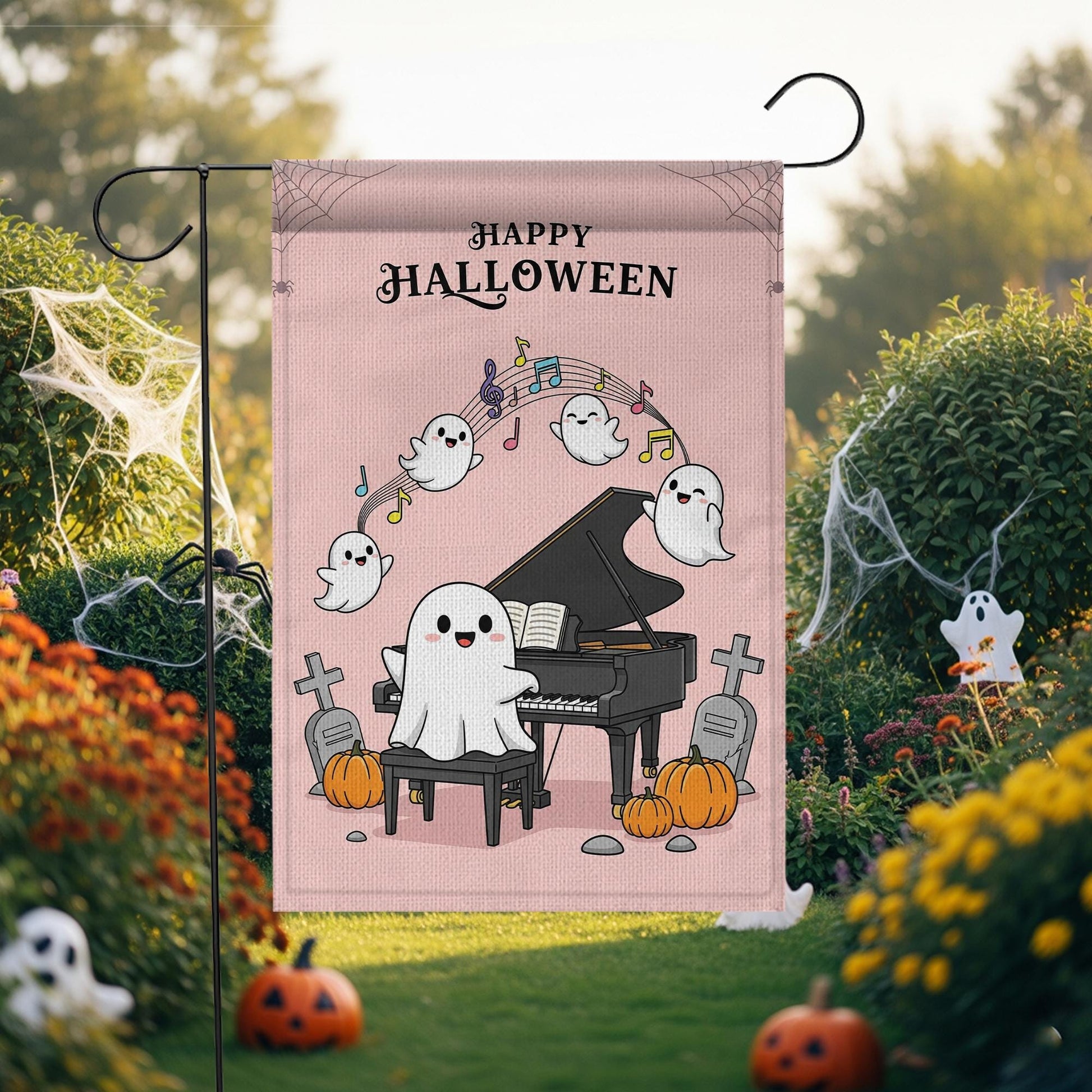 Cute Ghost Halloween Garden Flag, Piano Playing Ghost Yard Decor, Spooky Cute Outdoor Flag, Kawaii Fall Porch Sign, Music Lover Gift
