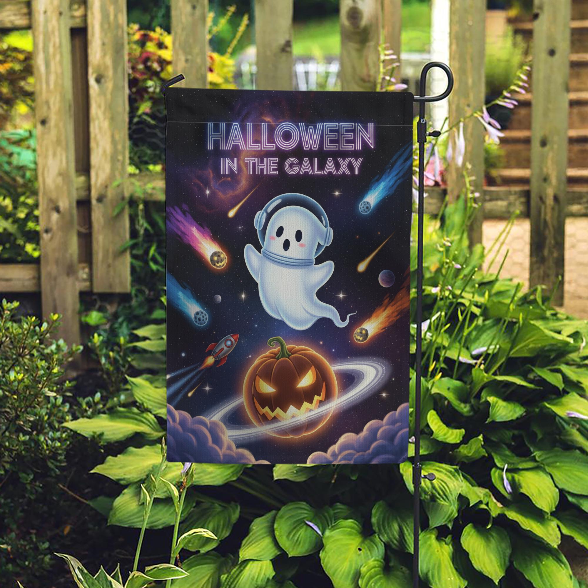 Space Halloween Garden Flag, Galaxy Ghost & Pumpkin Planet, Sci-Fi Outdoor Yard Decor, Cosmic Fall Porch Sign, Spooky Cute Decoration