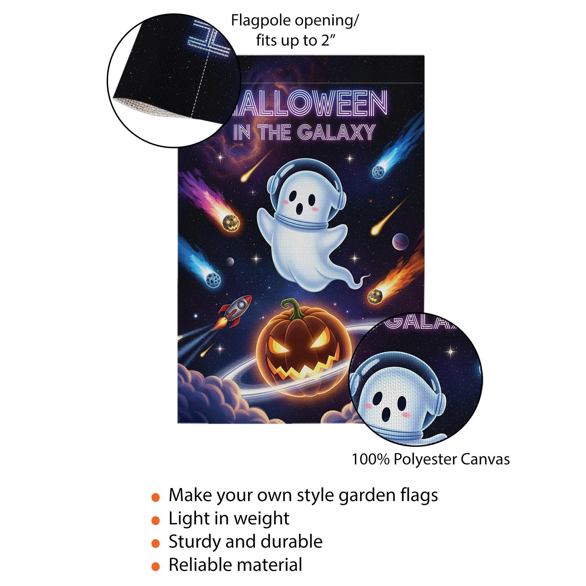 Space Halloween Garden Flag, Galaxy Ghost & Pumpkin Planet, Sci-Fi Outdoor Yard Decor, Cosmic Fall Porch Sign, Spooky Cute Decoration