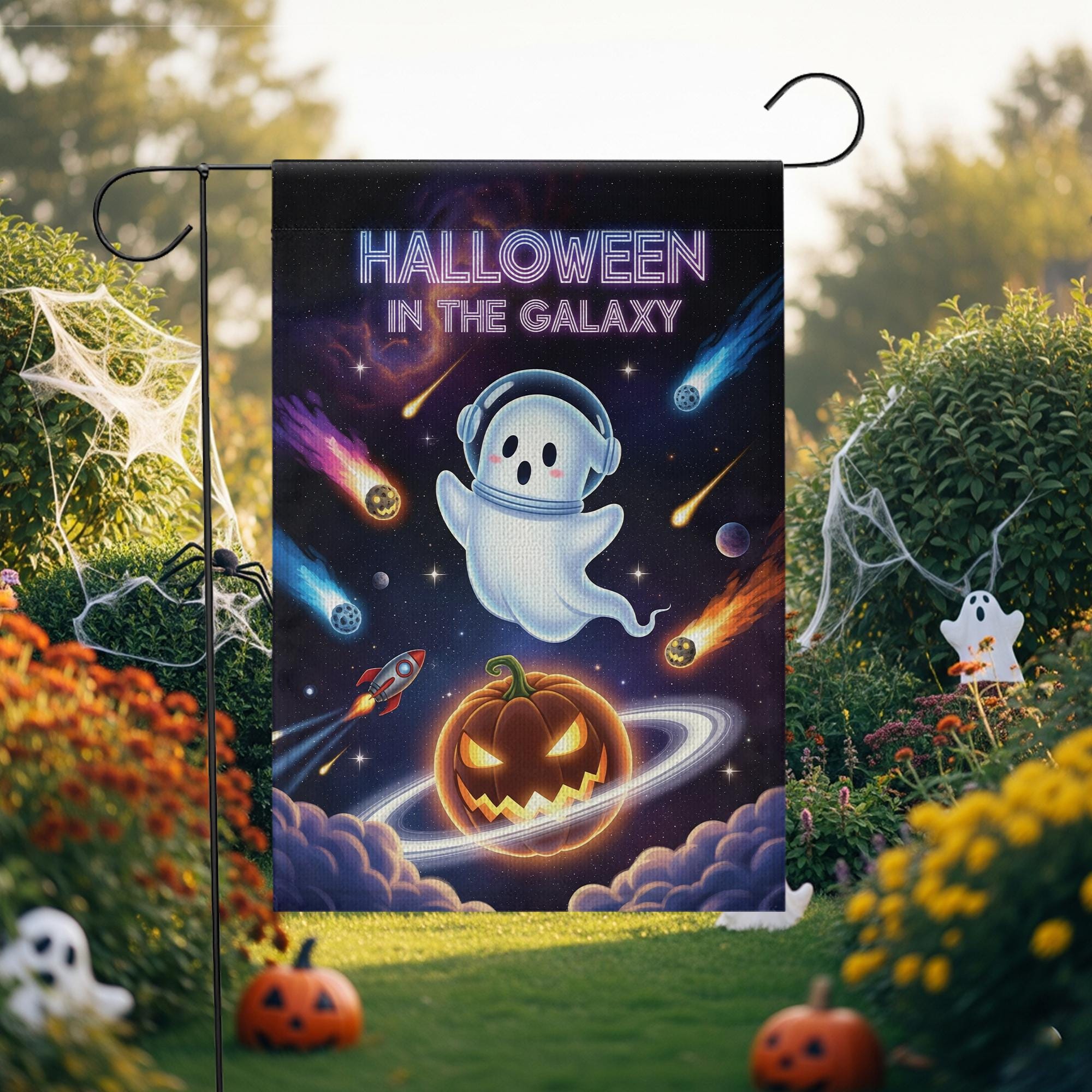 Space Halloween Garden Flag, Galaxy Ghost & Pumpkin Planet, Sci-Fi Outdoor Yard Decor, Cosmic Fall Porch Sign, Spooky Cute Decoration