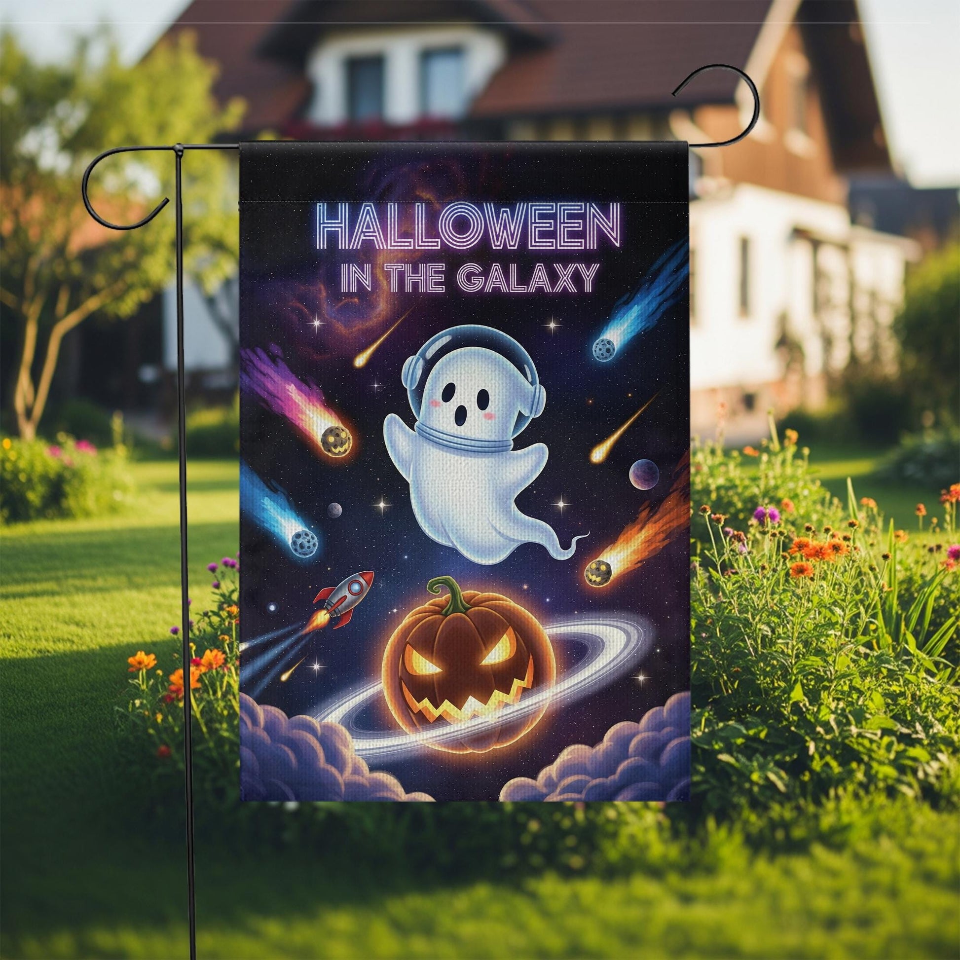 Space Halloween Garden Flag, Galaxy Ghost & Pumpkin Planet, Sci-Fi Outdoor Yard Decor, Cosmic Fall Porch Sign, Spooky Cute Decoration
