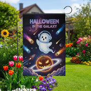 Space Halloween Garden Flag, Galaxy Ghost & Pumpkin Planet, Sci-Fi Outdoor Yard Decor, Cosmic Fall Porch Sign, Spooky Cute Decoration