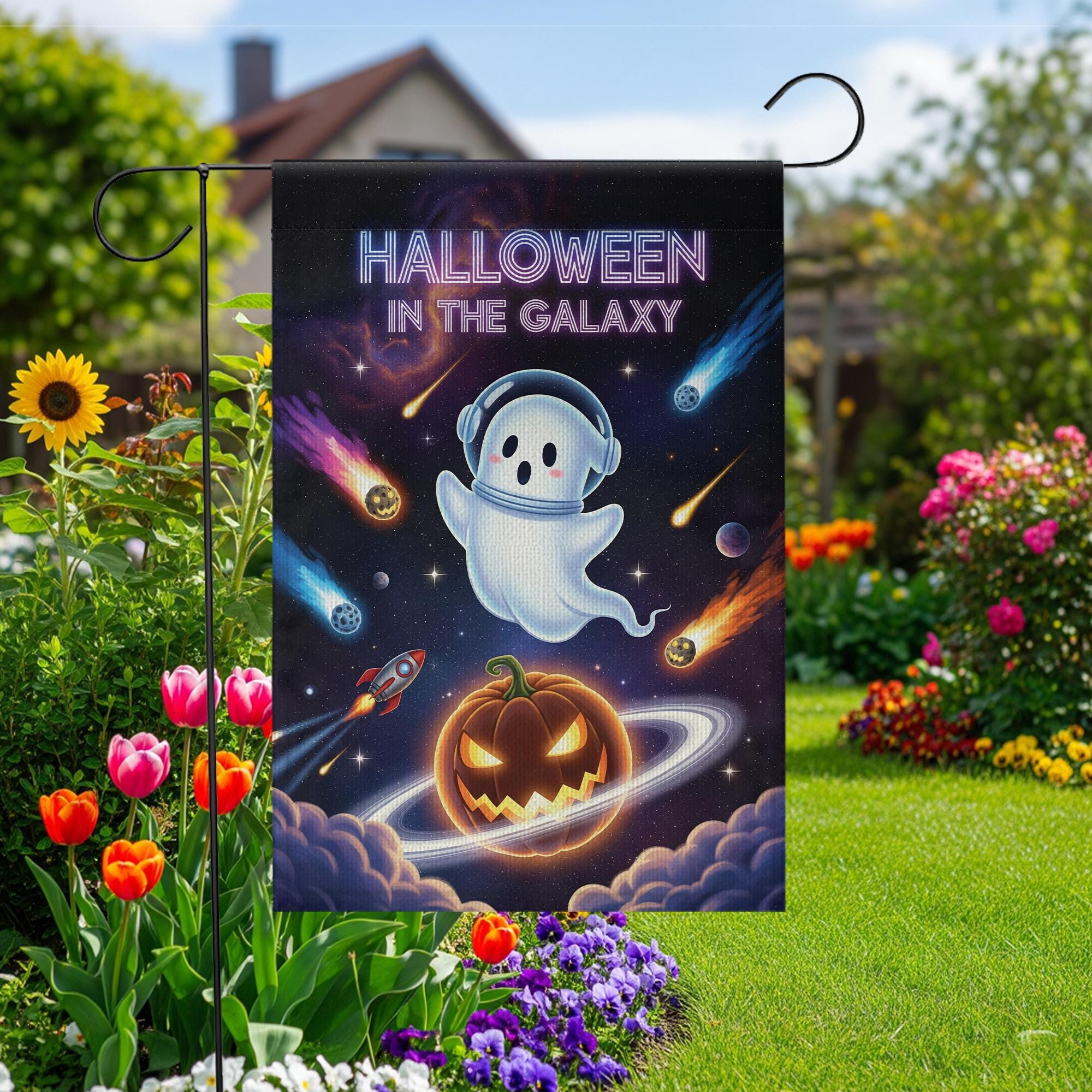 Space Halloween Garden Flag, Galaxy Ghost & Pumpkin Planet, Sci-Fi Outdoor Yard Decor, Cosmic Fall Porch Sign, Spooky Cute Decoration
